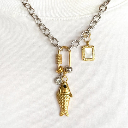 Mixed Metal Charm Necklace – Two Tone Fish Charm, Gold Crystal Accent & Mother of Pearl Charm
