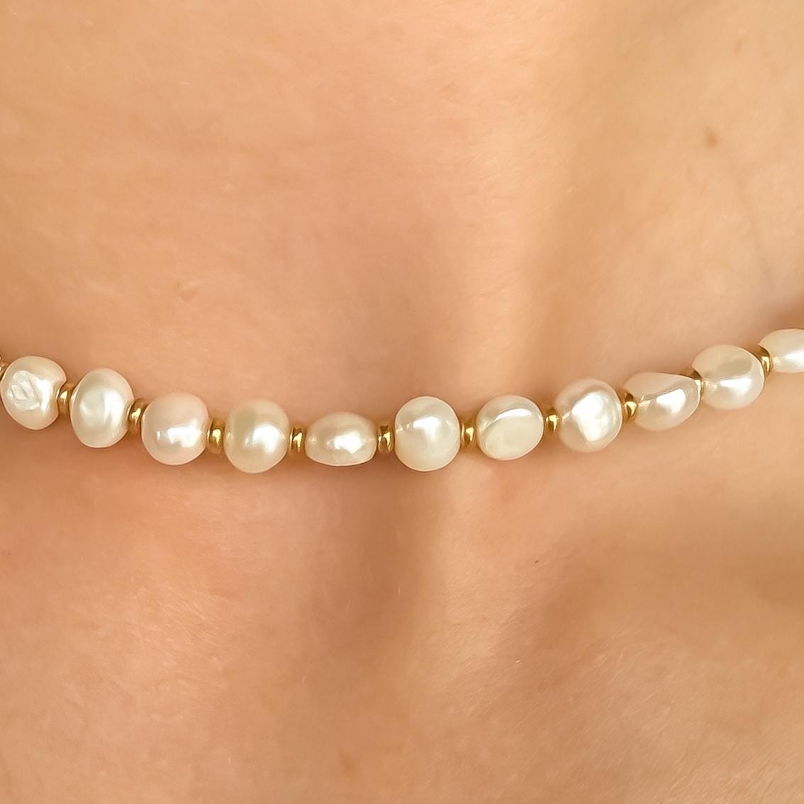 Pearl Choker Necklace | Dainty Real Pearls with Gold or Silver Beads