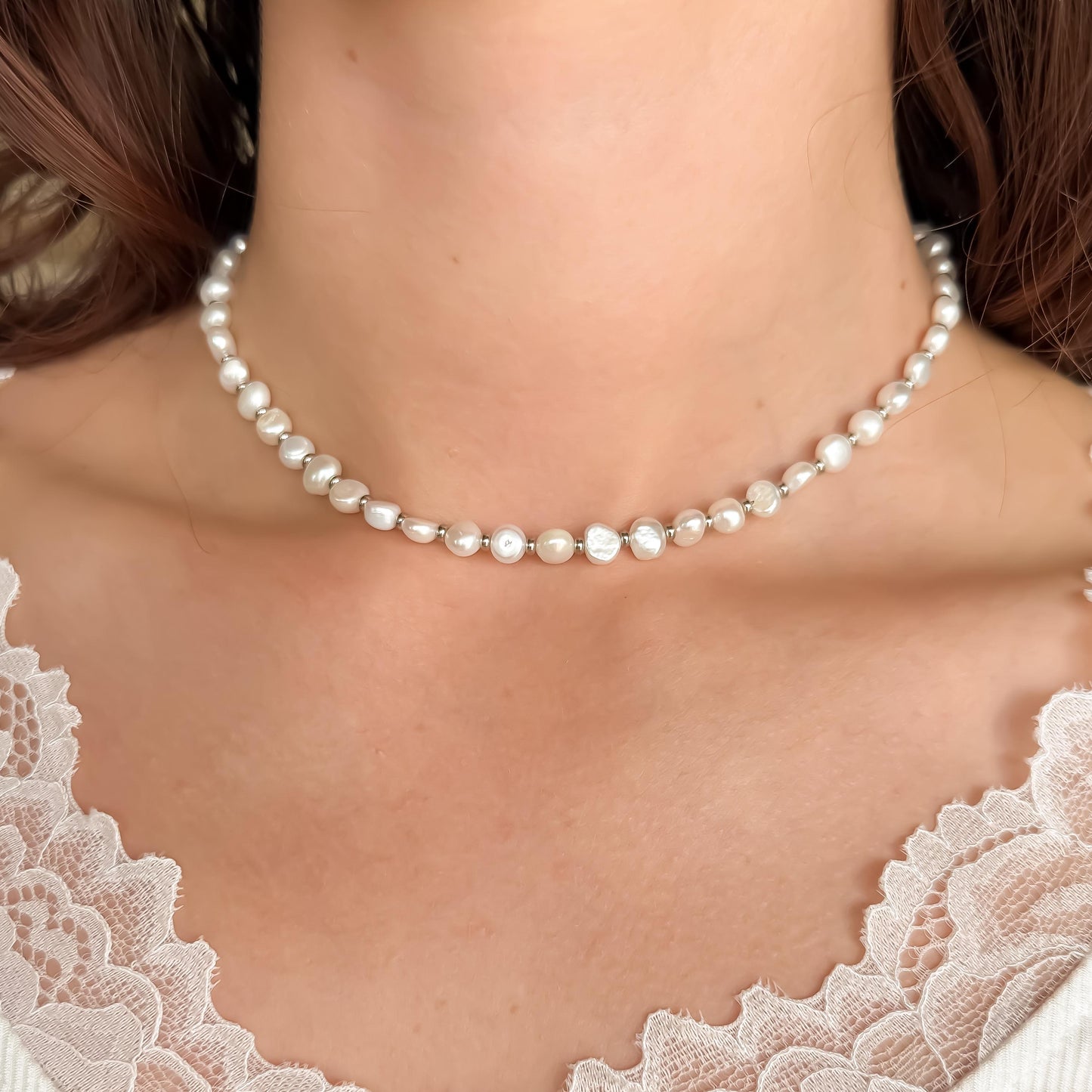 Pearl Choker Necklace | Dainty Real Pearls with Gold or Silver Beads