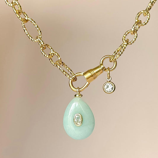 Amazonite Drop Pendant Necklace – 18k Gold Hammered Chain with Gemstone & CZ Crystal Accents