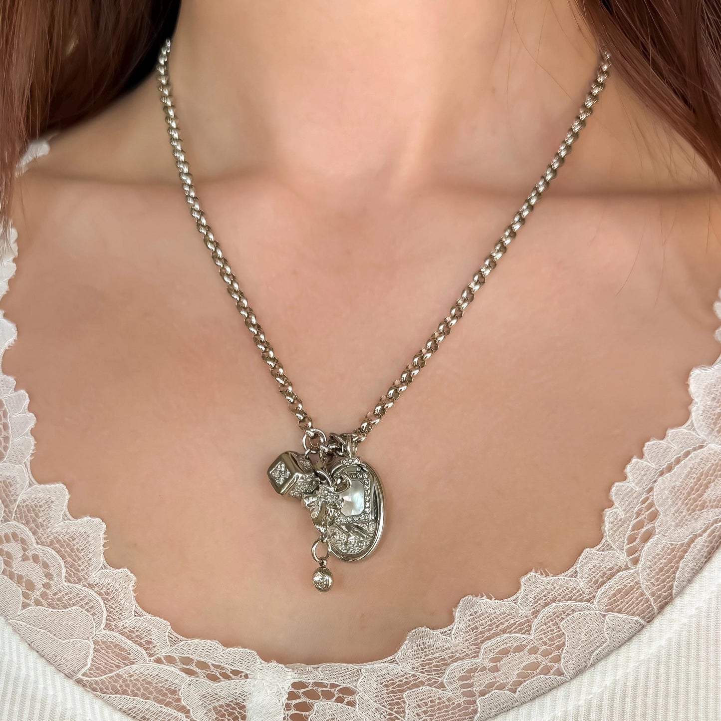 Dreamy Silver Charm Necklace – Multi Pendant with Rolo Chain