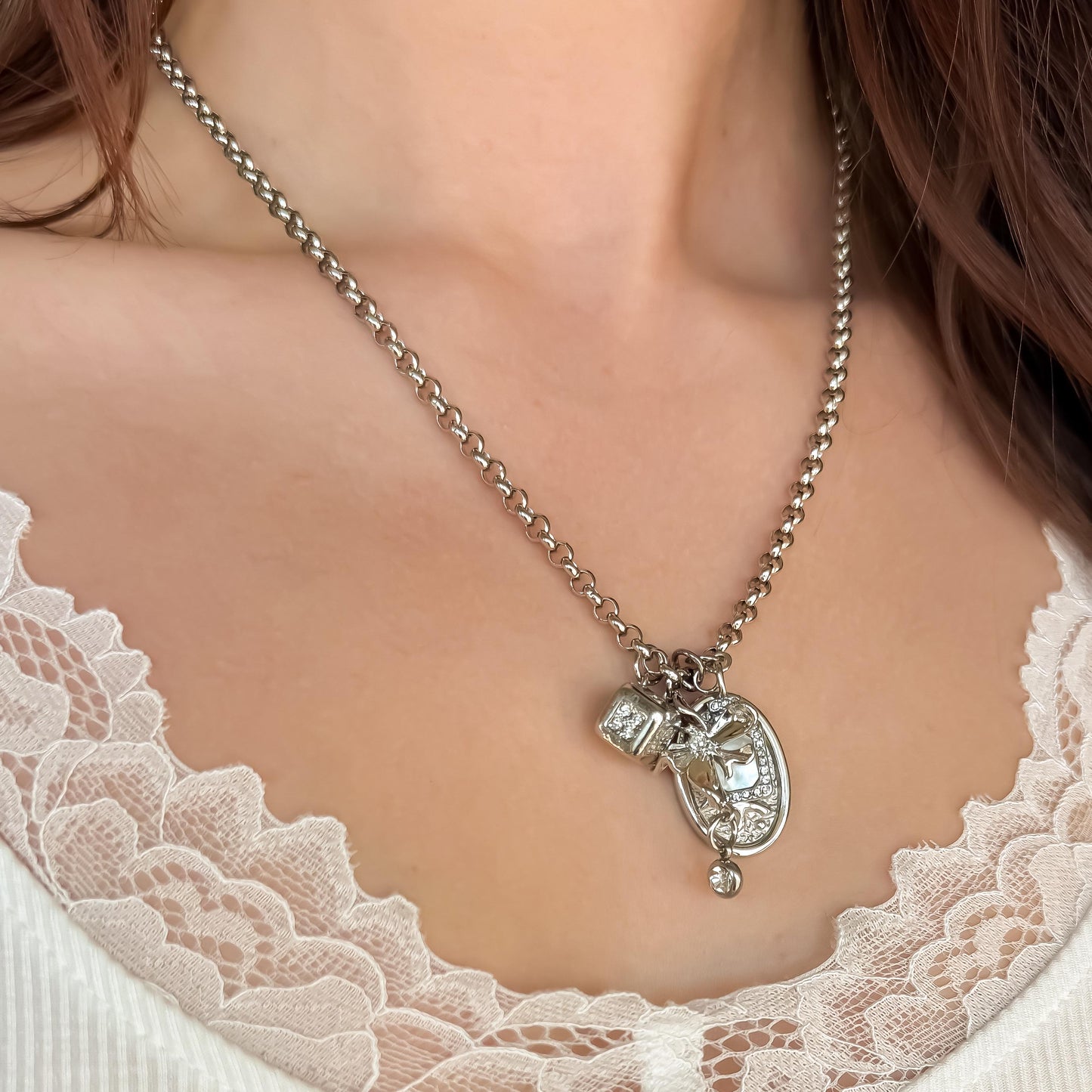 Dreamy Silver Charm Necklace – Multi Pendant with Rolo Chain