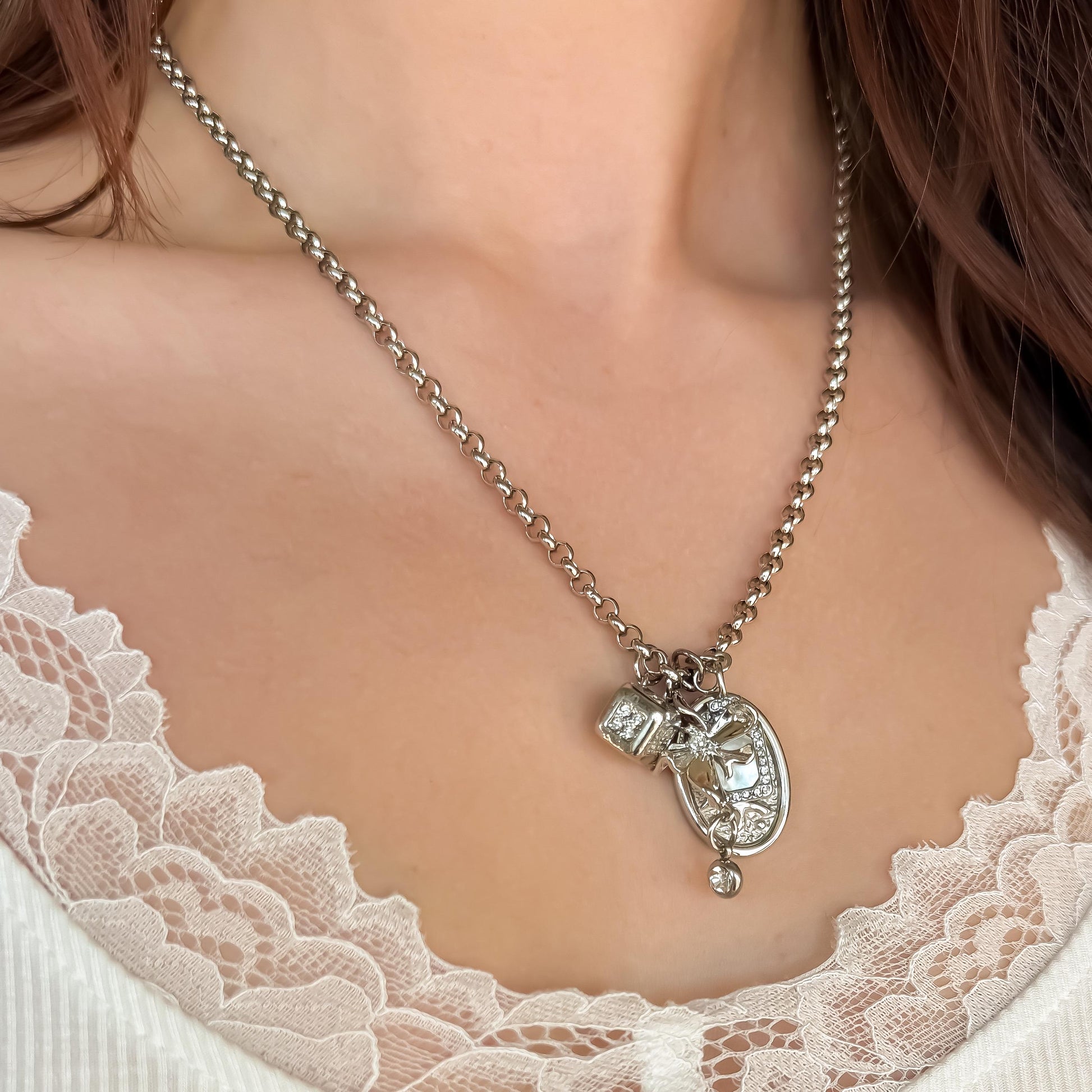 Dreamy Silver Charm Necklace – Multi Pendant with Rolo Chain