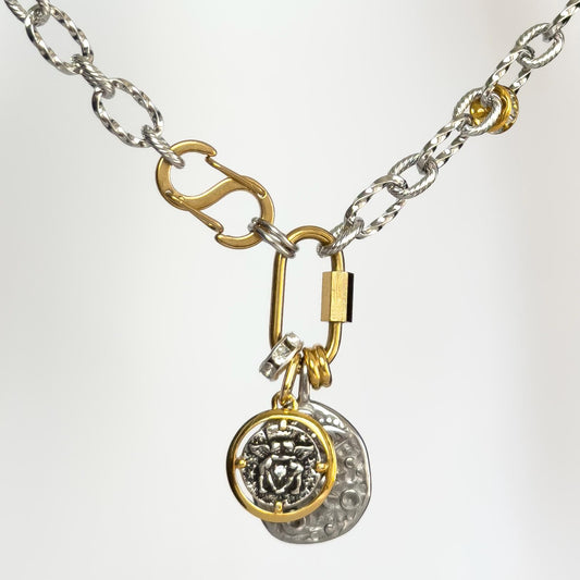 Mixed Metal Coin Charm Necklace - Two Tone Vintage Style Charms