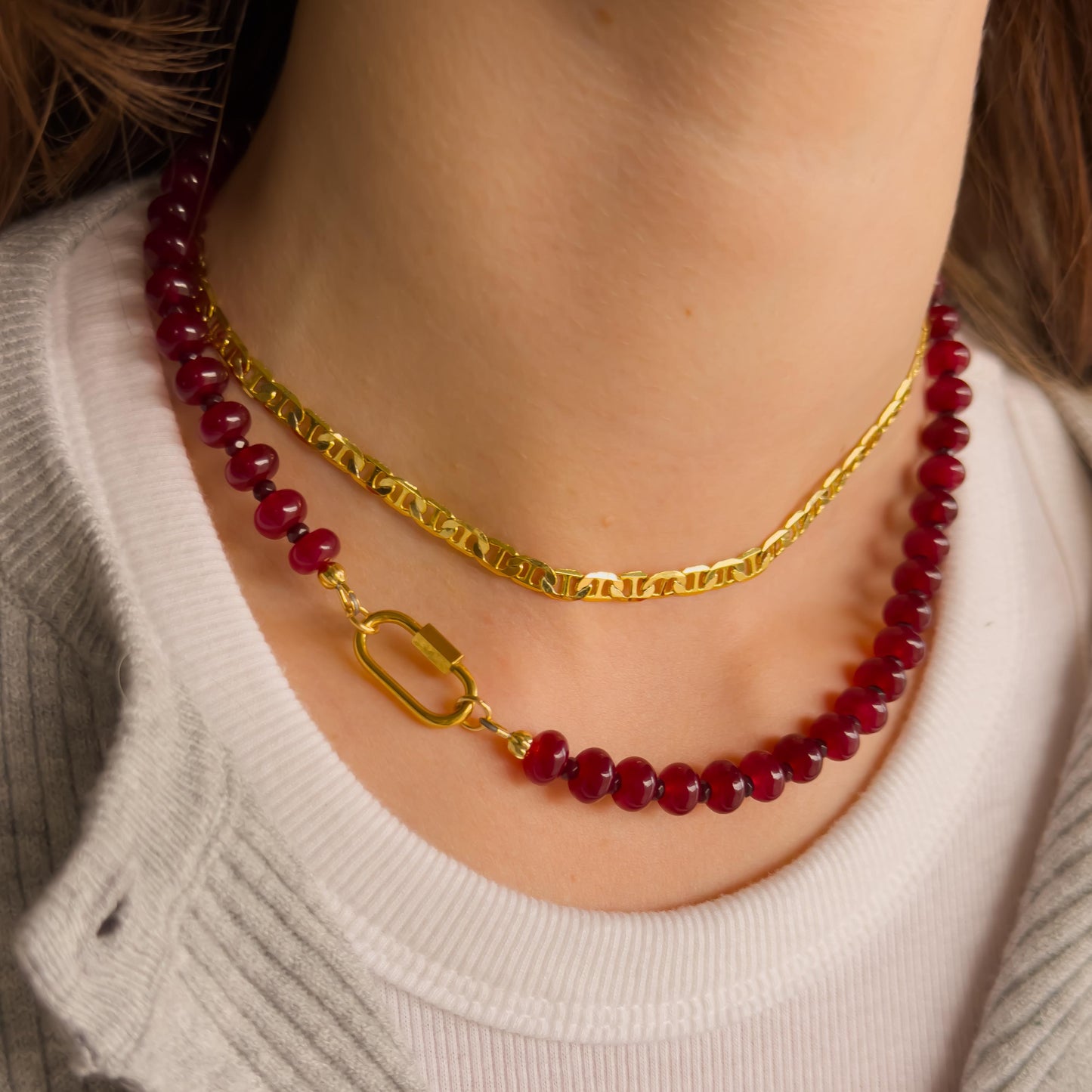Beaded Red Gemstone Necklace - Chalcedony Quartz, Garnet, Stainless Steel Carabiner Clasp
