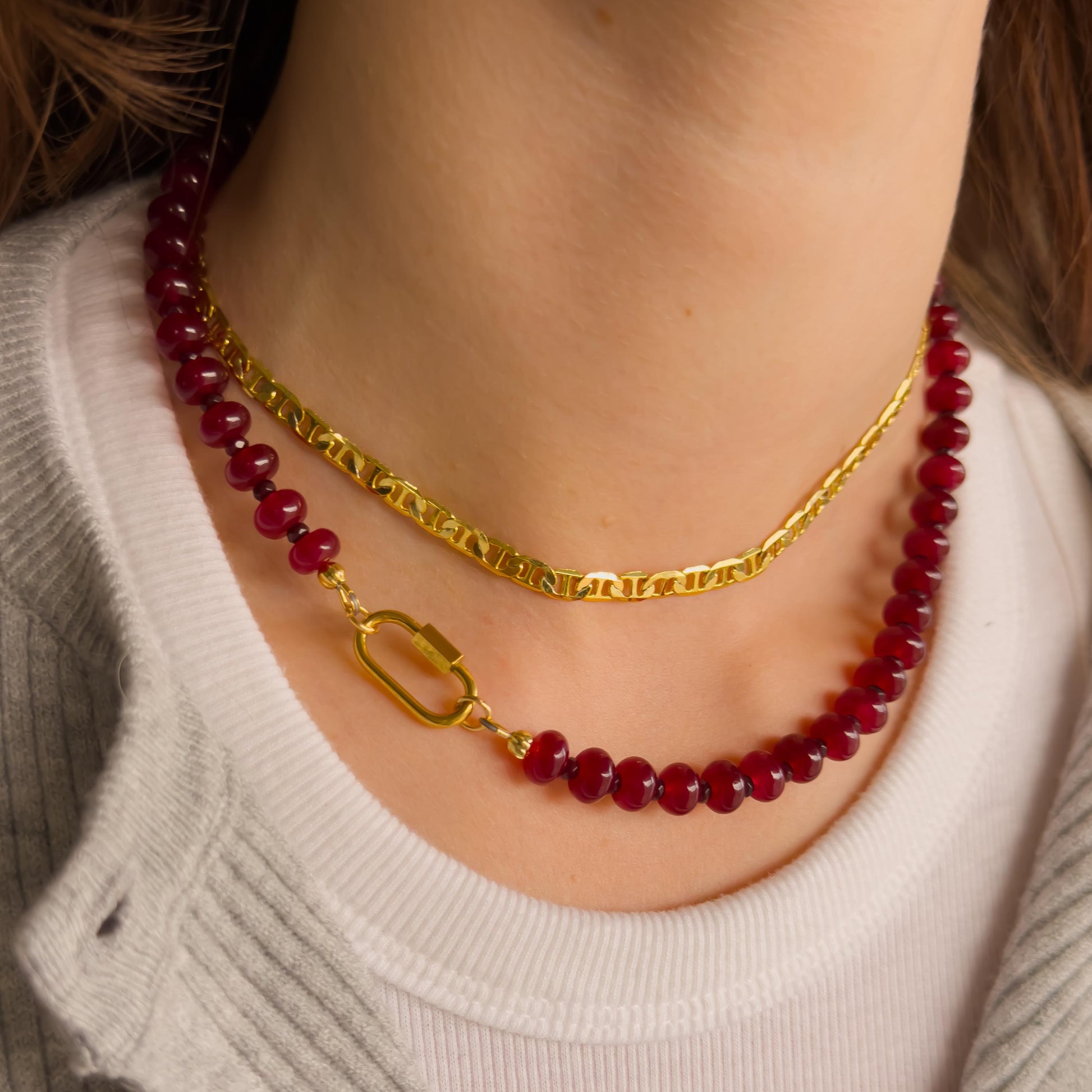 Beaded Red Gemstone Necklace - Chalcedony Quartz, Garnet, Stainless Steel Carabiner Clasp