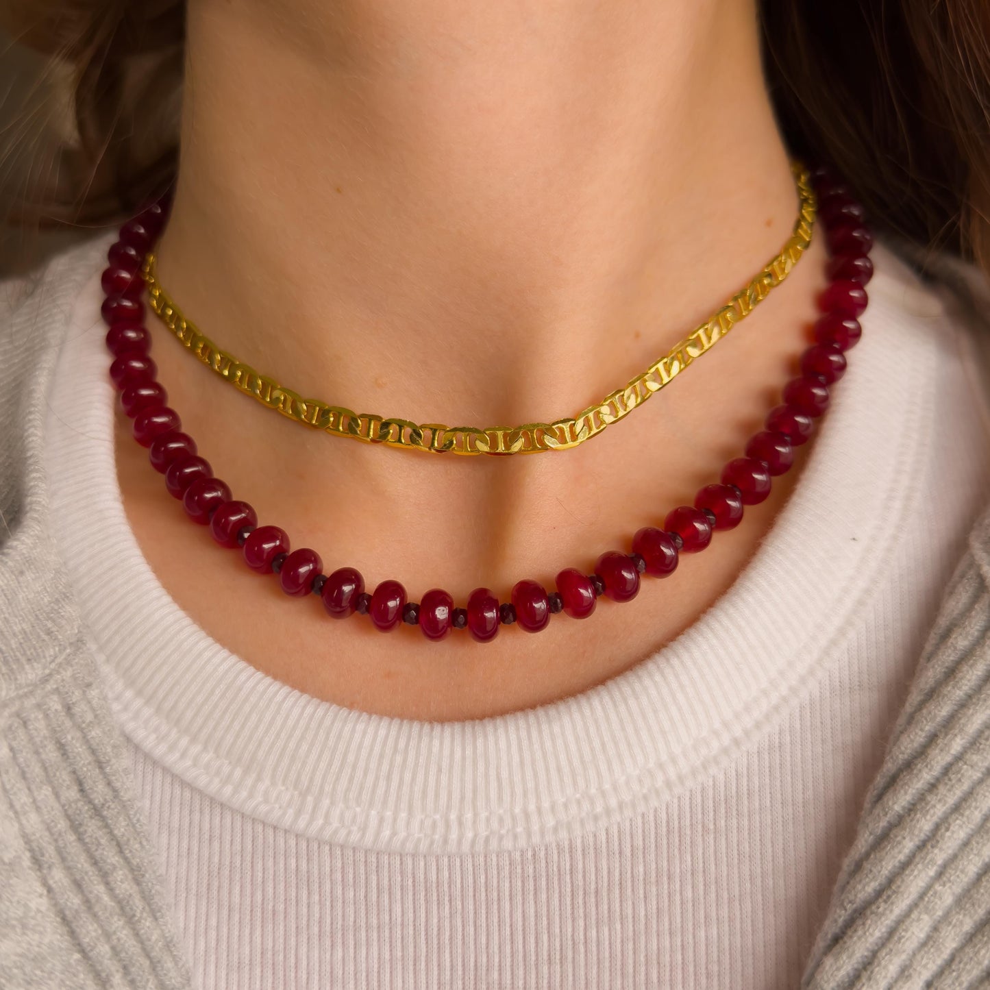 Beaded Red Gemstone Necklace - Chalcedony Quartz, Garnet, Stainless Steel Carabiner Clasp