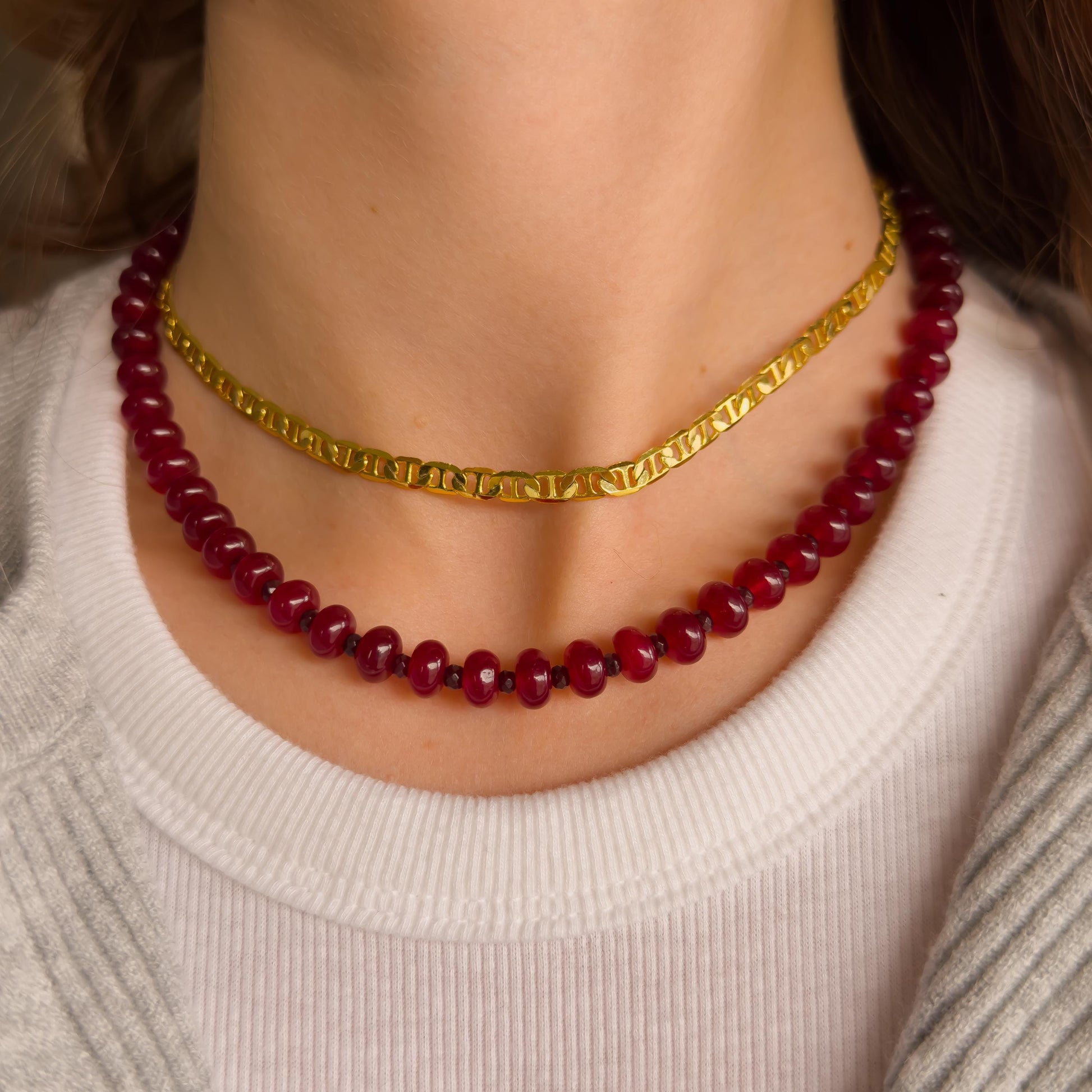 Beaded Red Gemstone Necklace - Chalcedony Quartz, Garnet, Stainless Steel Carabiner Clasp