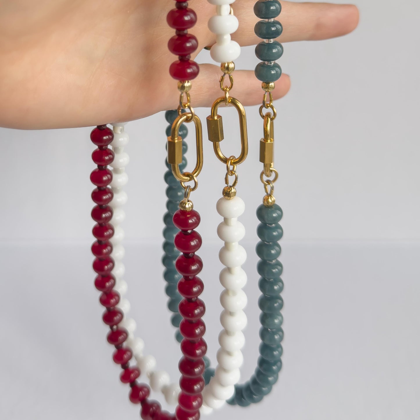 Beaded Red Gemstone Necklace - Chalcedony Quartz, Garnet, Stainless Steel Carabiner Clasp