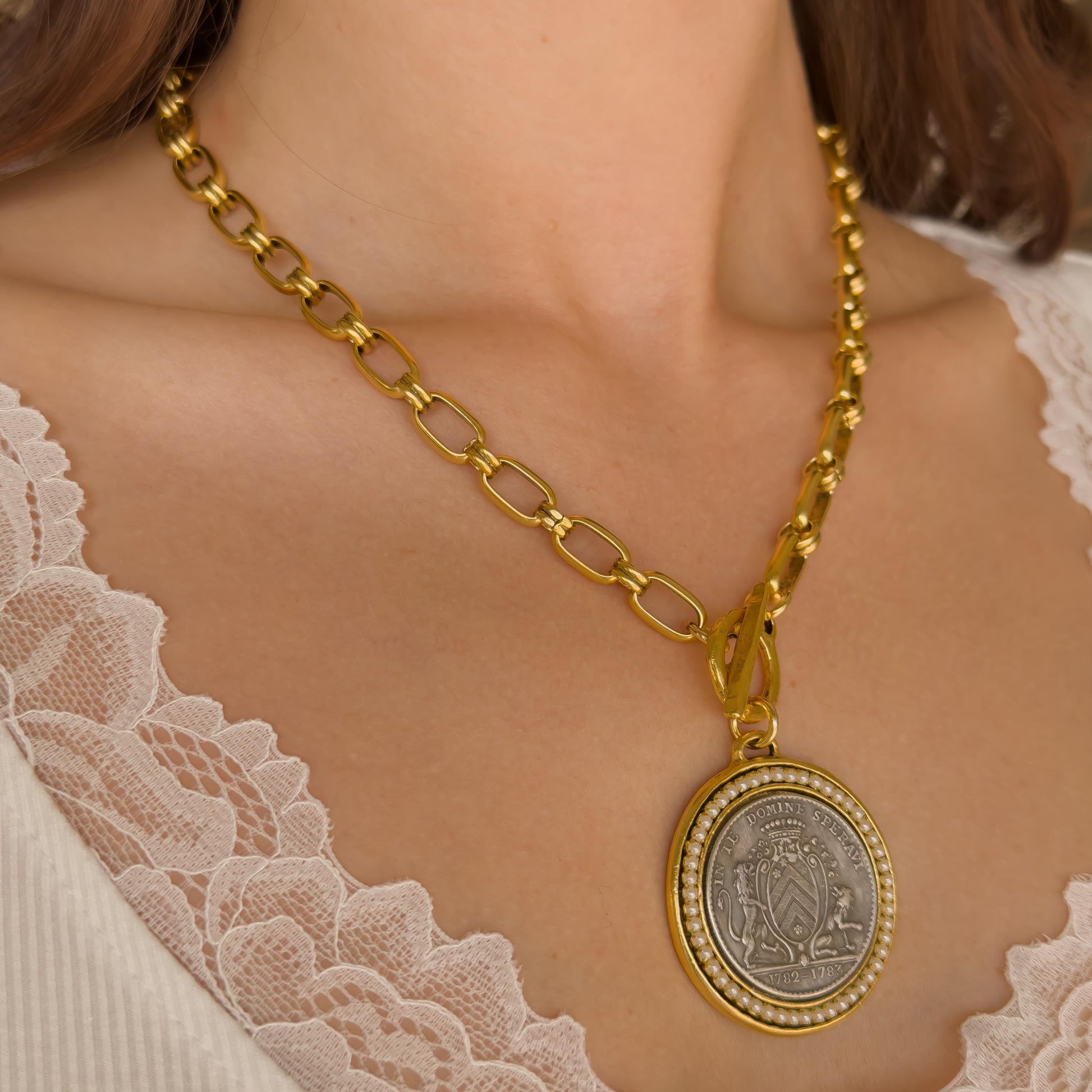 Mixed Metal Medallion Necklace - Two-Tone Coin on Antiqued Chunky Chain with Toggle Clasp