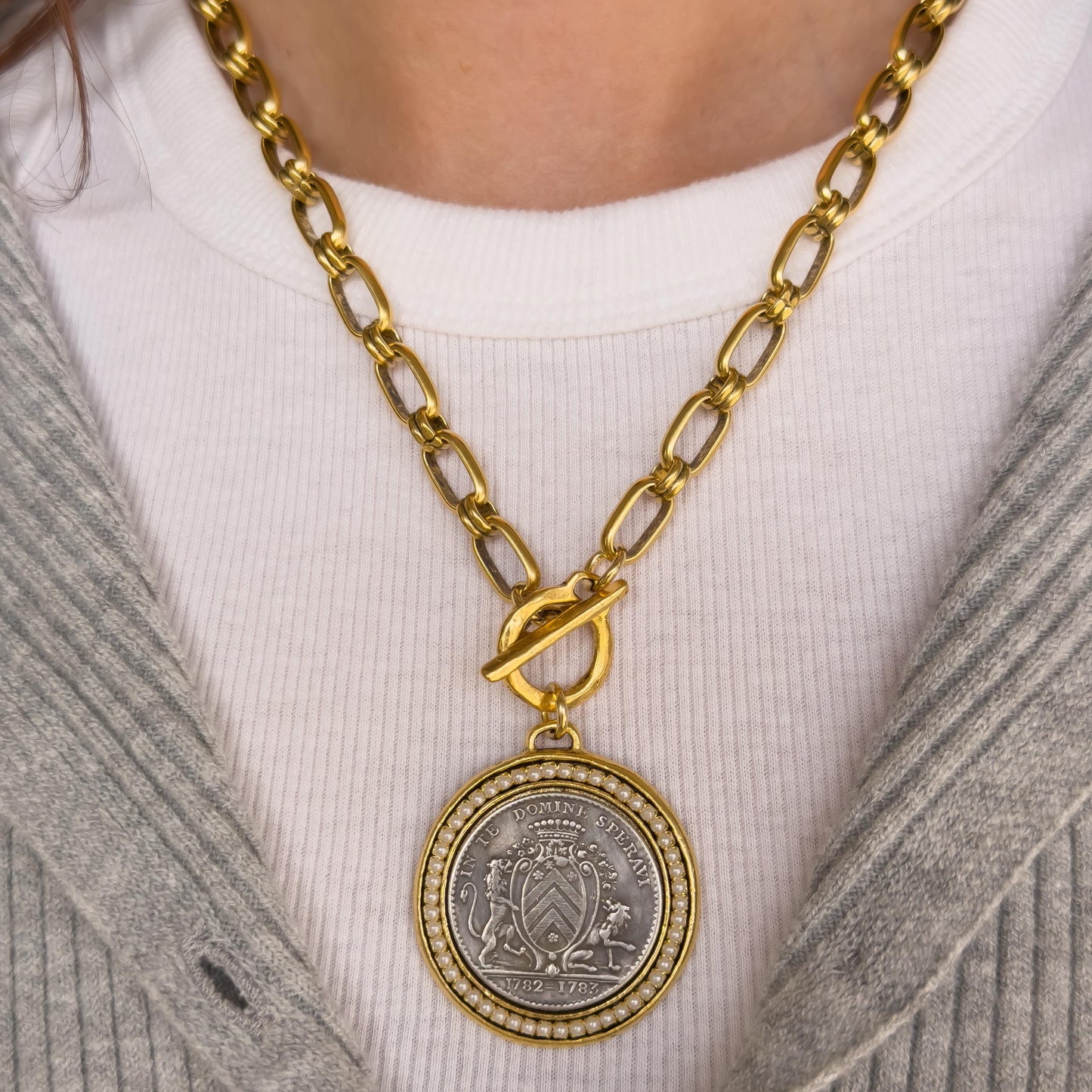 Mixed Metal Medallion Necklace - Two-Tone Coin on Antiqued Chunky Chain with Toggle Clasp