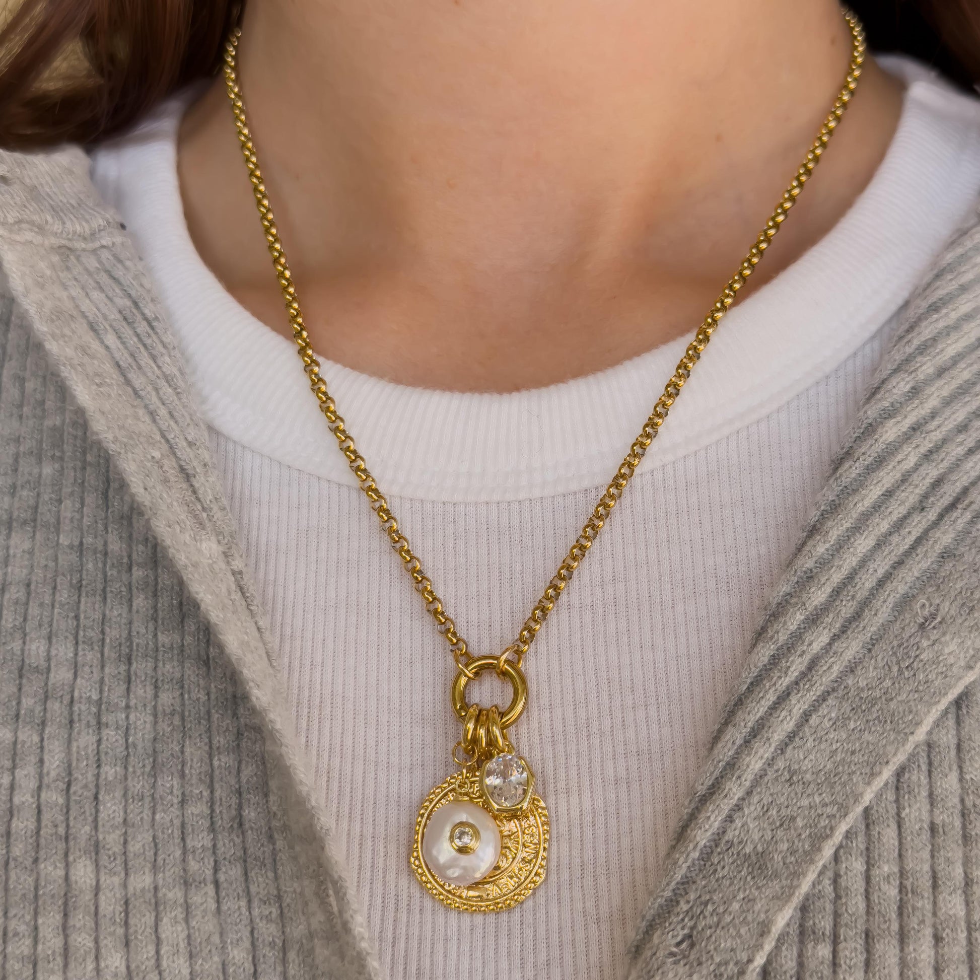 18k Gold Filled Charm Necklace with Baroque Pearl, Antique Coin & CZ Pendant