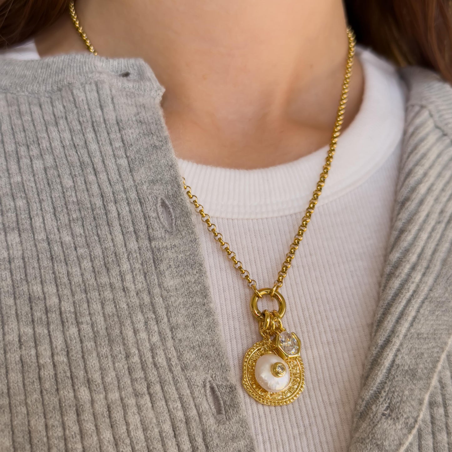 18k Gold Filled Charm Necklace with Baroque Pearl, Antique Coin & CZ Pendant