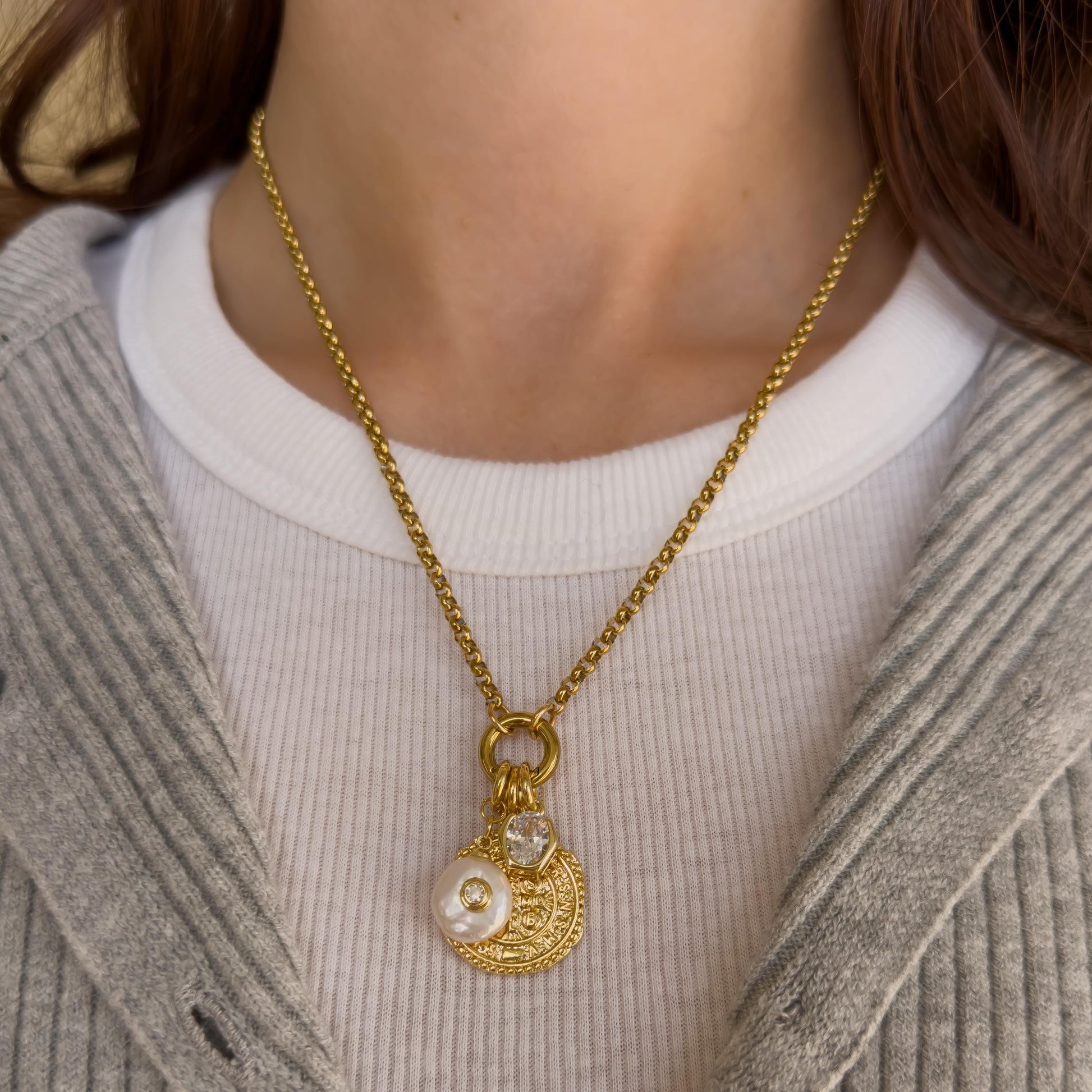 18k Gold Filled Charm Necklace with Baroque Pearl, Antique Coin & CZ Pendant