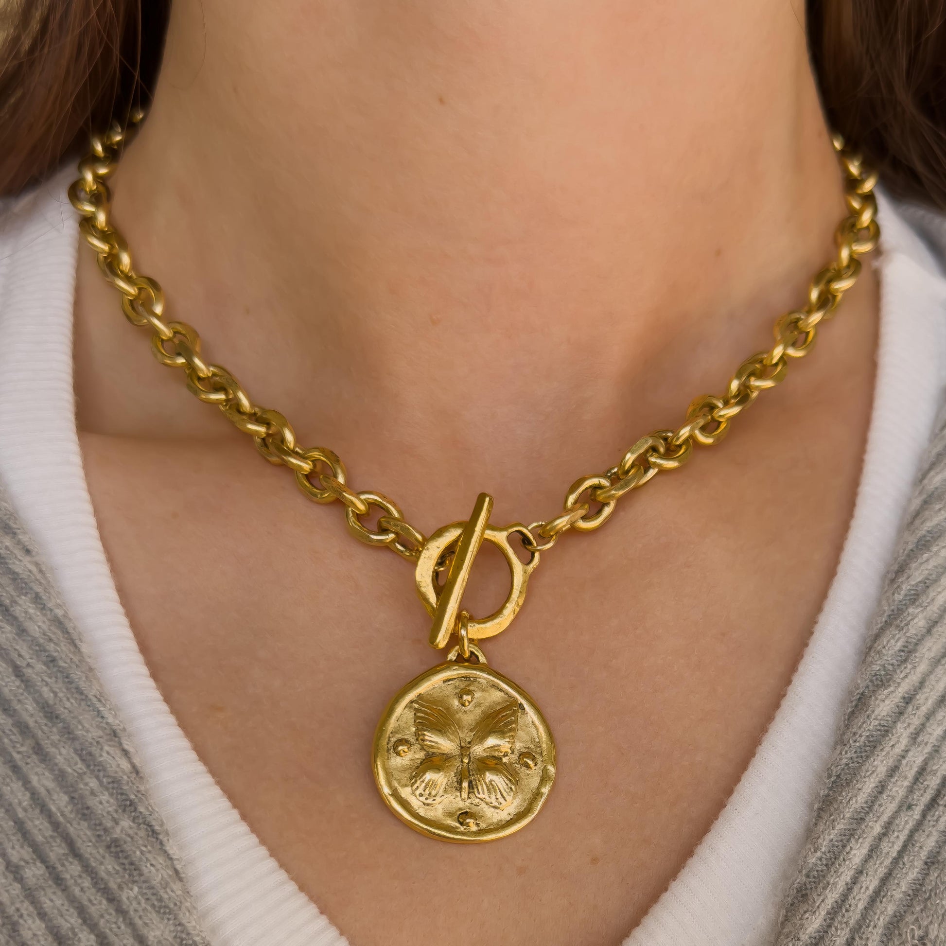 Antiqued Gold Butterfly Medallion Necklace - Chunky Hammered Cable Chain