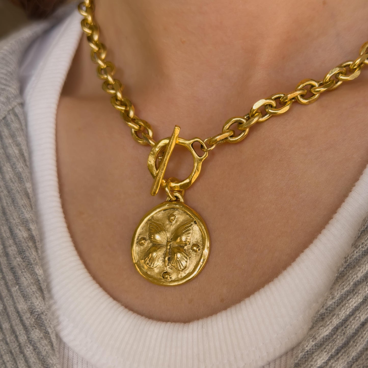 Antiqued Gold Butterfly Medallion Necklace - Chunky Hammered Cable Chain