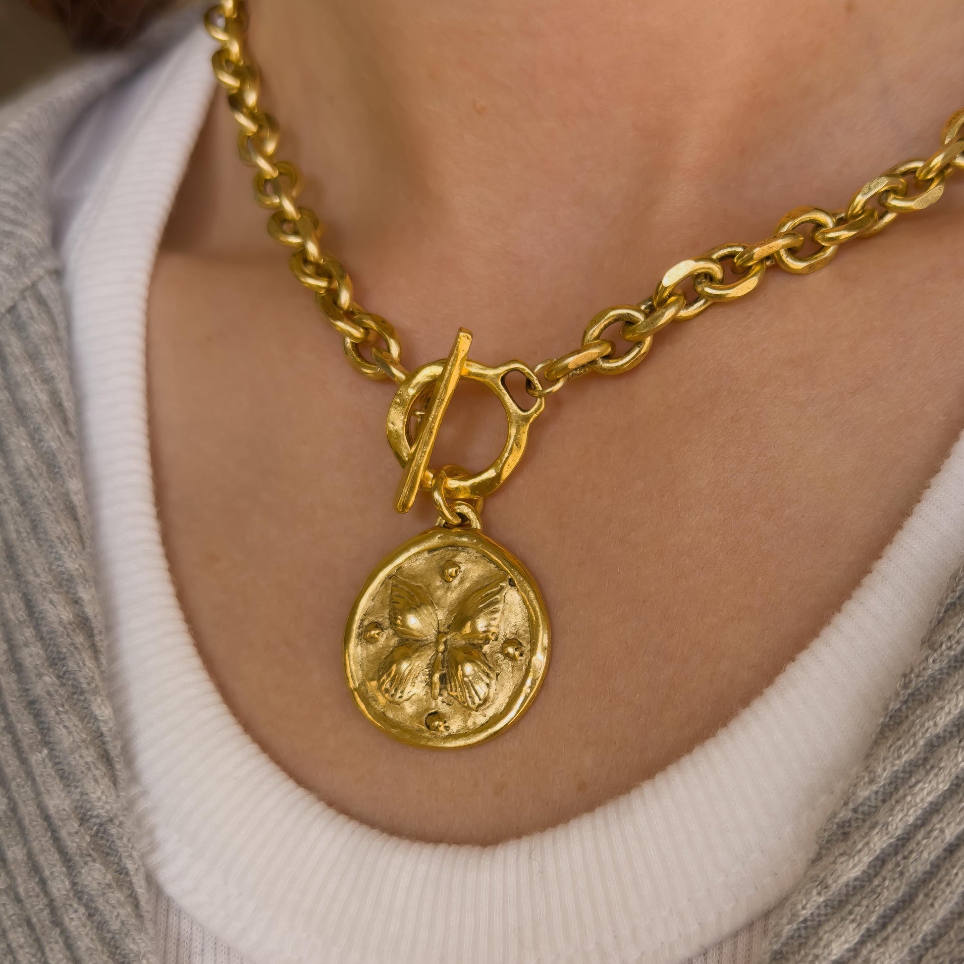 Antiqued Gold Butterfly Medallion Necklace - Chunky Hammered Cable Chain