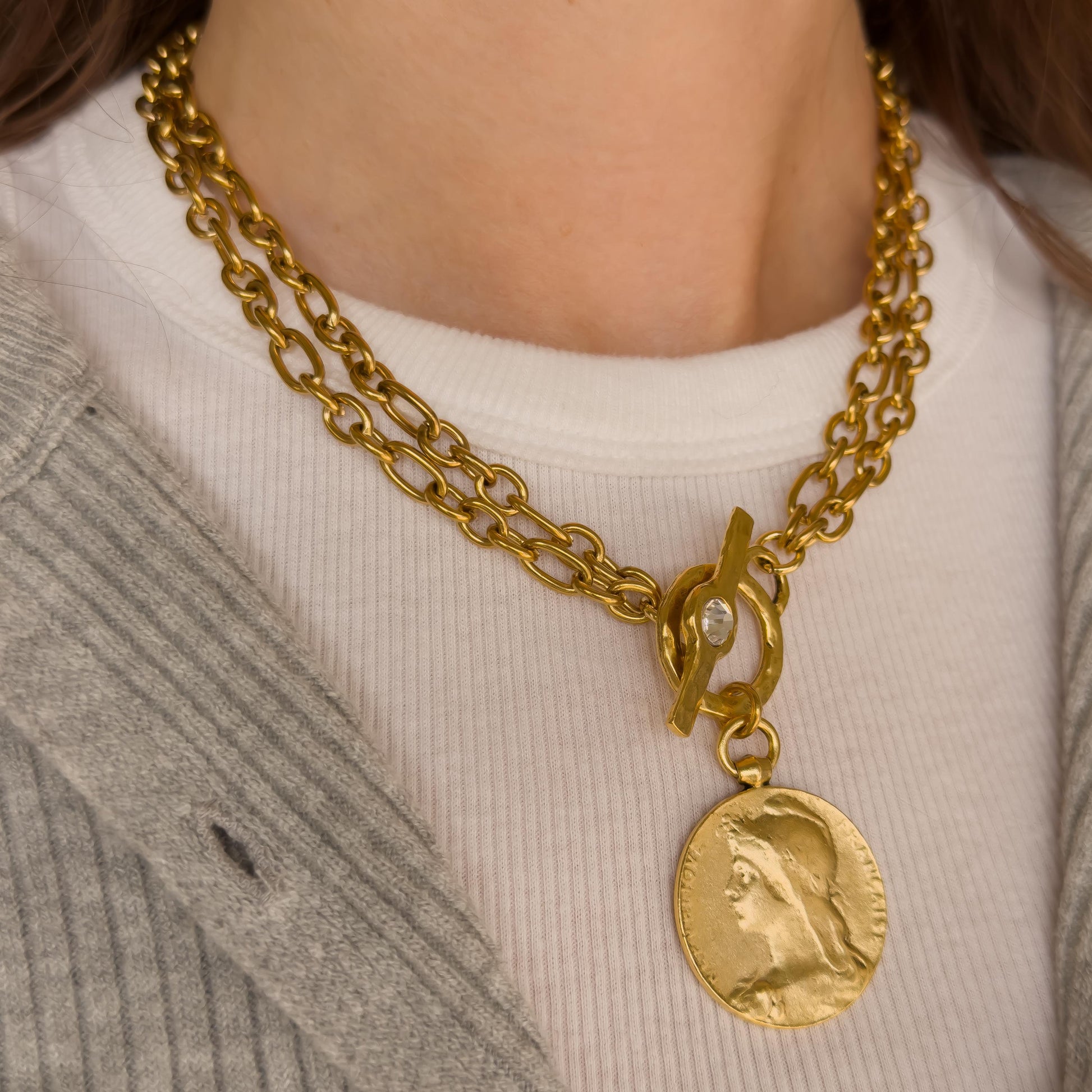 Vintage Style French Coin Necklace - Hammered Cameo Pendant with Toggle Clasp