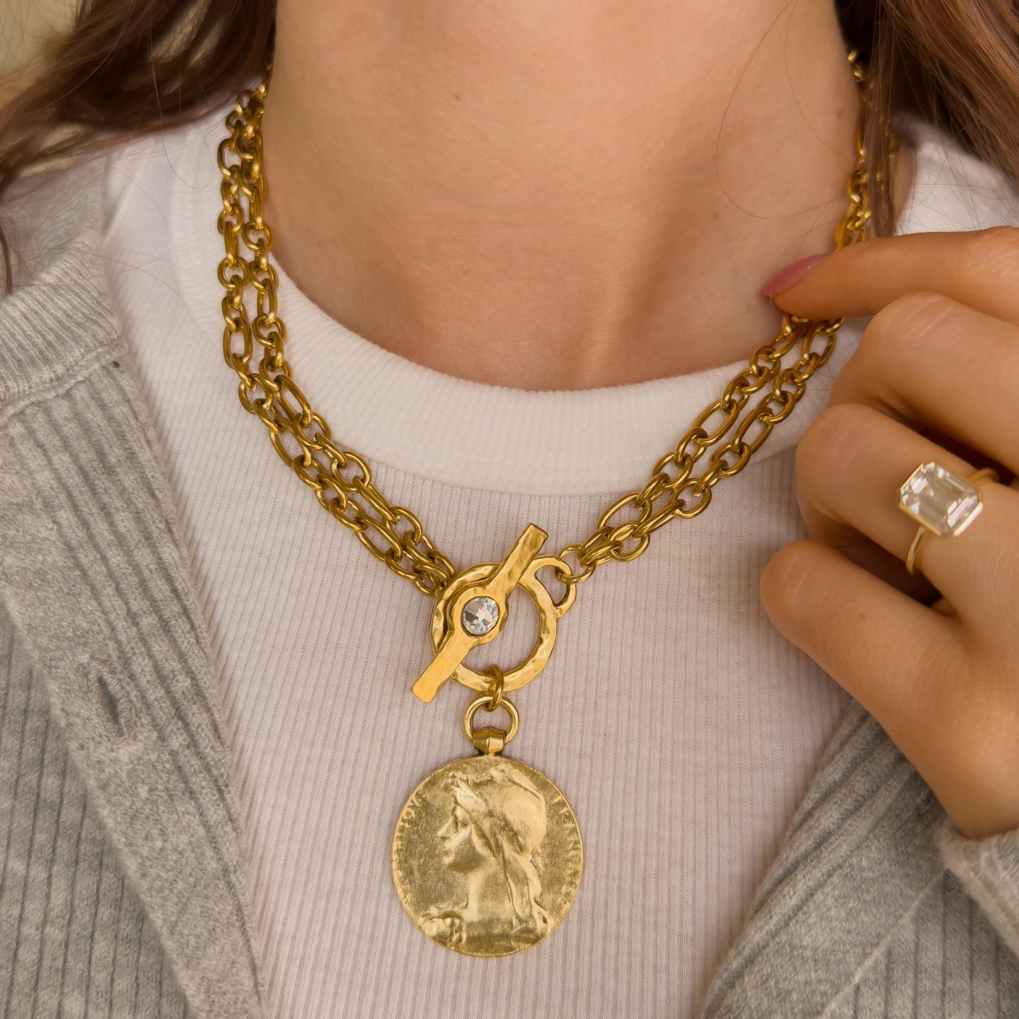 Vintage Style French Coin Necklace - Hammered Cameo Pendant with Toggle Clasp