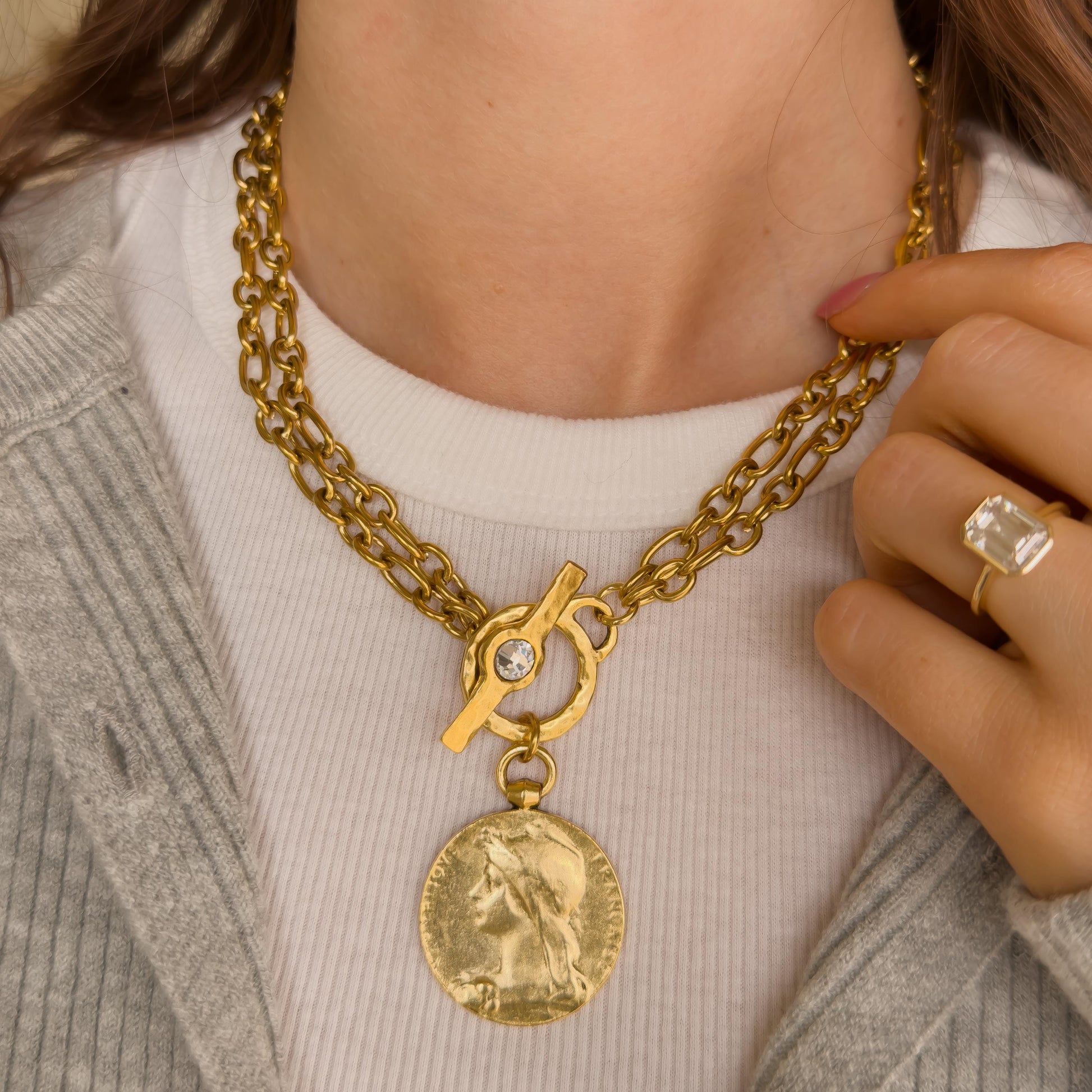 Vintage Style French Coin Necklace - Hammered Cameo Pendant with Toggle Clasp