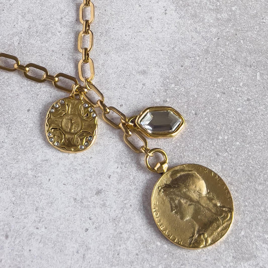 Antiqued Gold Lariat Necklace with Medallion, Coin & Swarovski Charms on Paperclip Chain