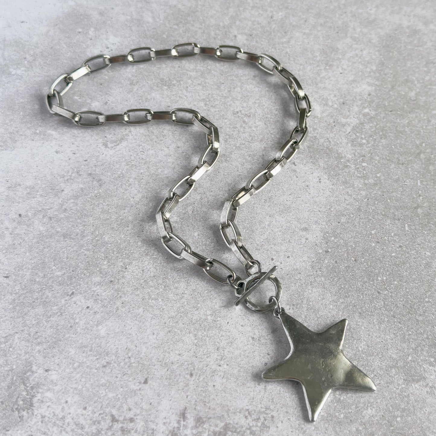 Silver Hammered Star Pendant Necklace with Toggle Clasp and Antiqued Chain
