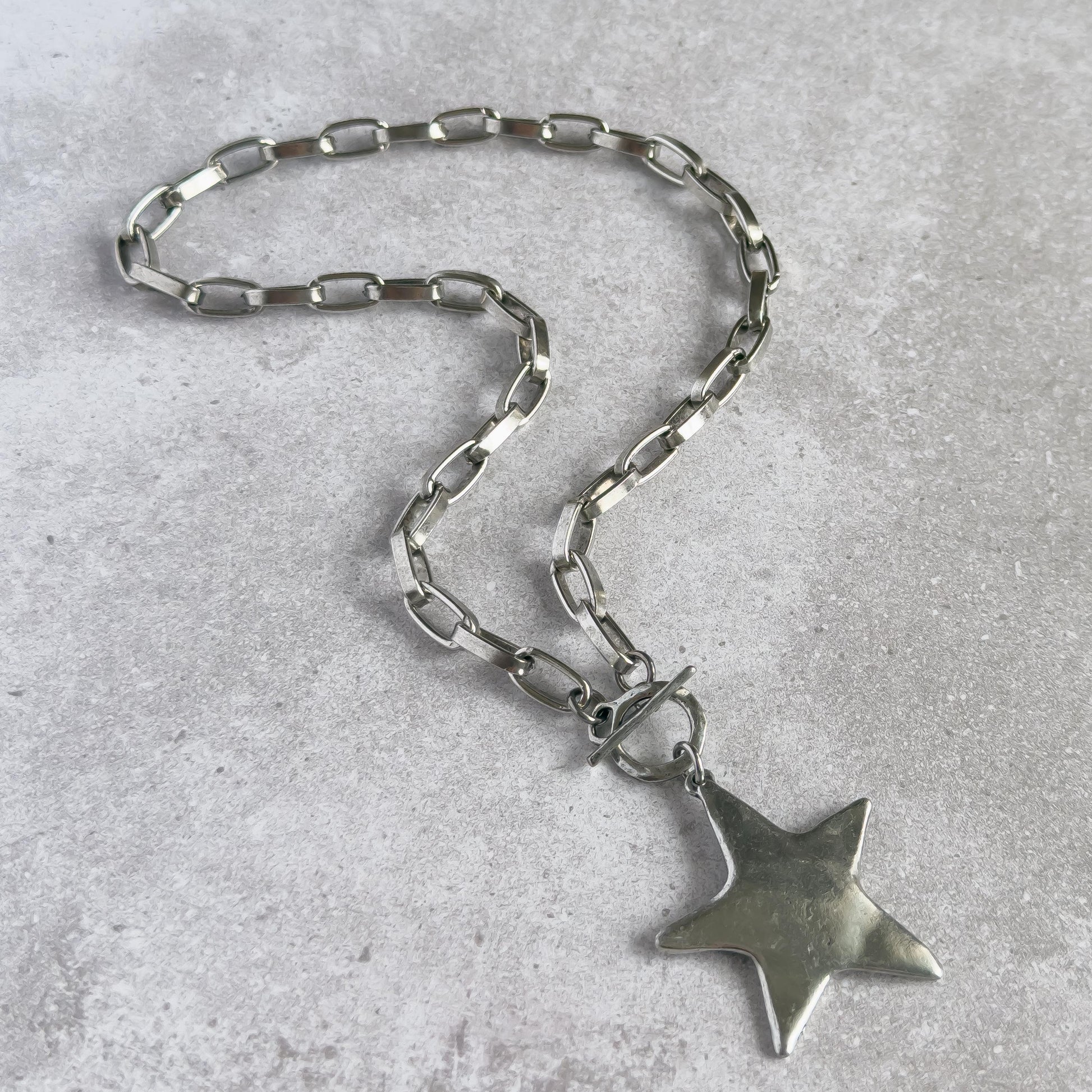 Silver Hammered Star Pendant Necklace with Toggle Clasp and Antiqued Chain