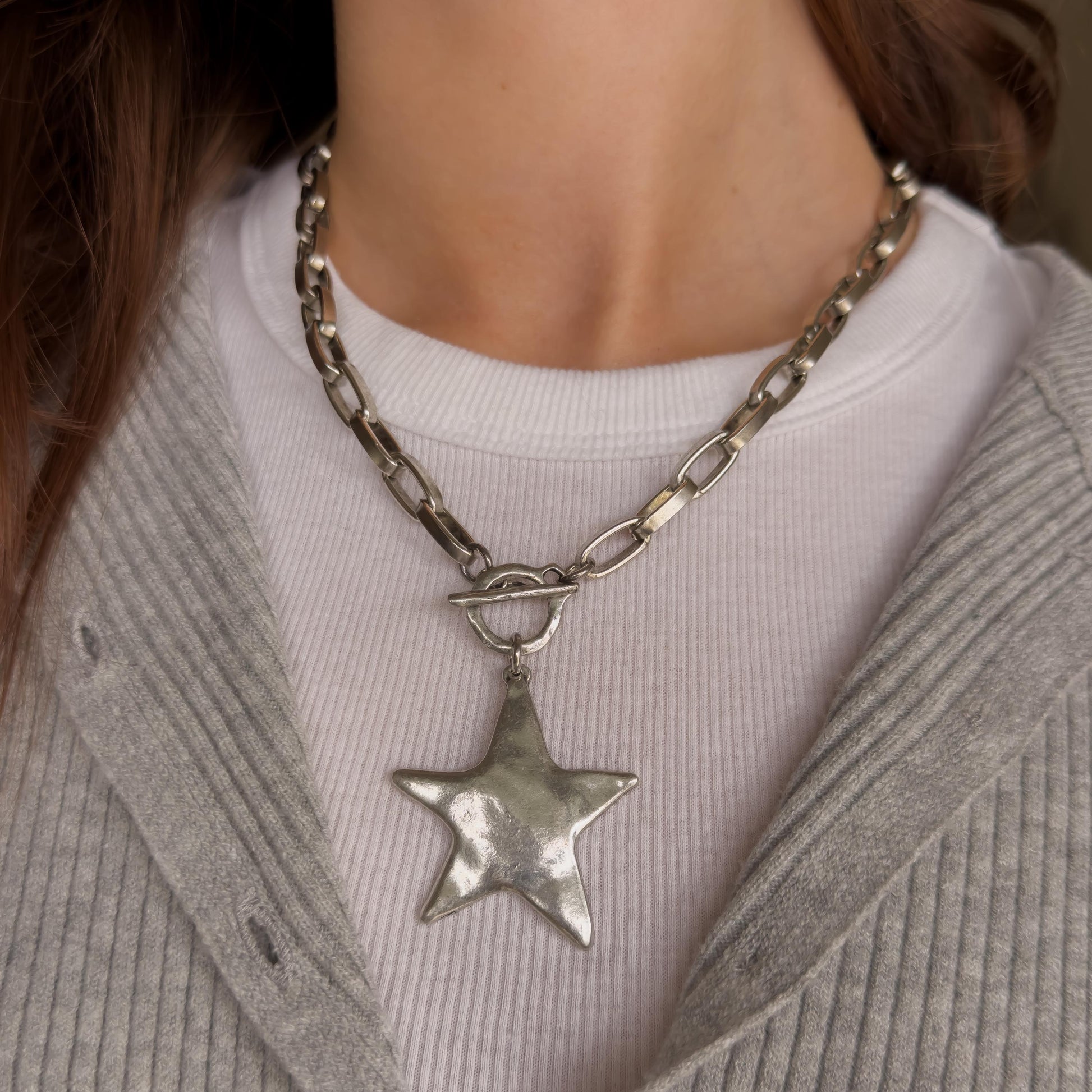 Silver Hammered Star Pendant Necklace with Toggle Clasp and Antiqued Chain
