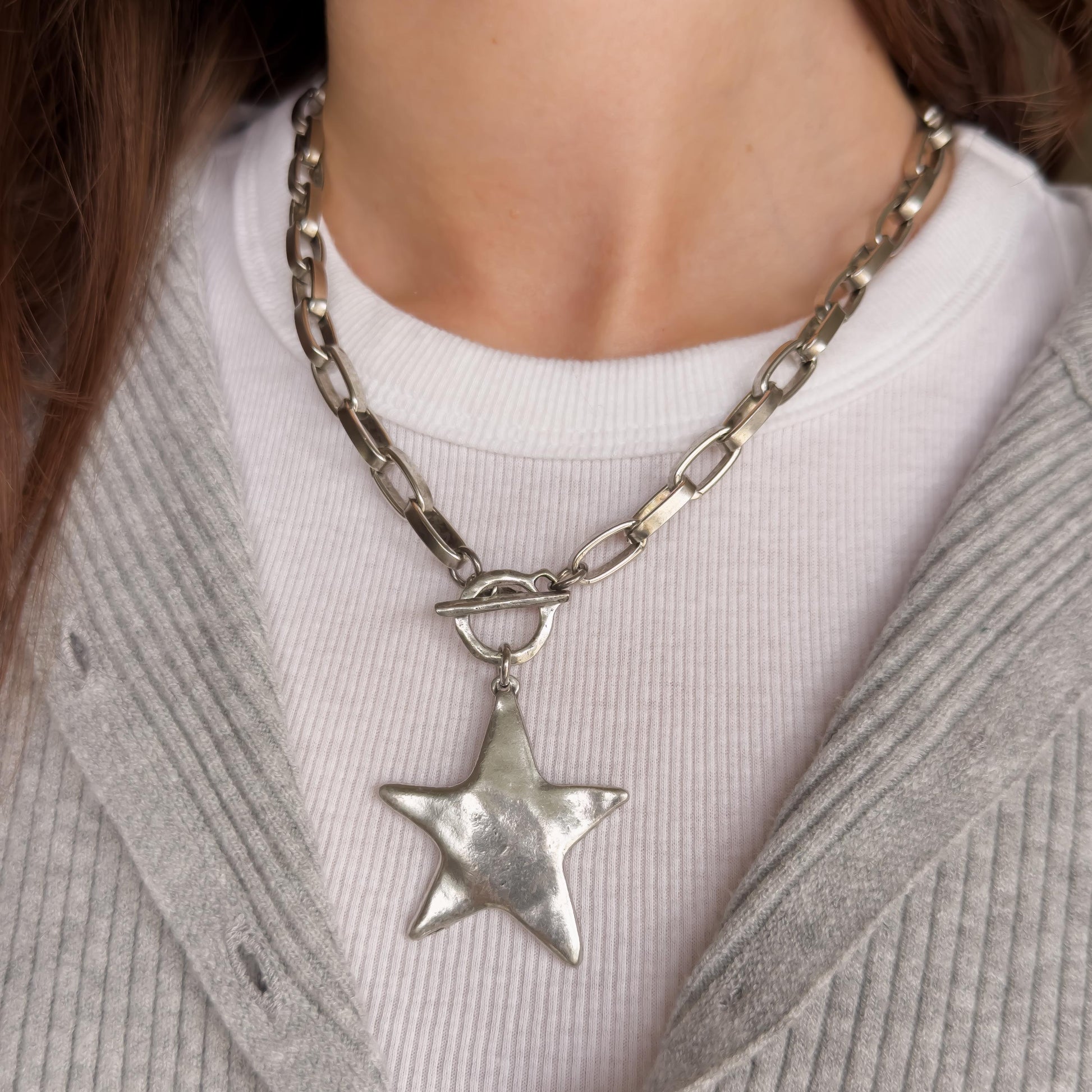 Silver Hammered Star Pendant Necklace with Toggle Clasp and Antiqued Chain