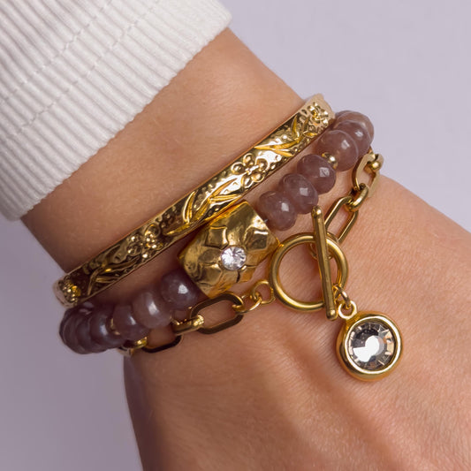 Gray Labradorite or Brown Jade Beaded Bracelet with Gold Crystal Accent Bead