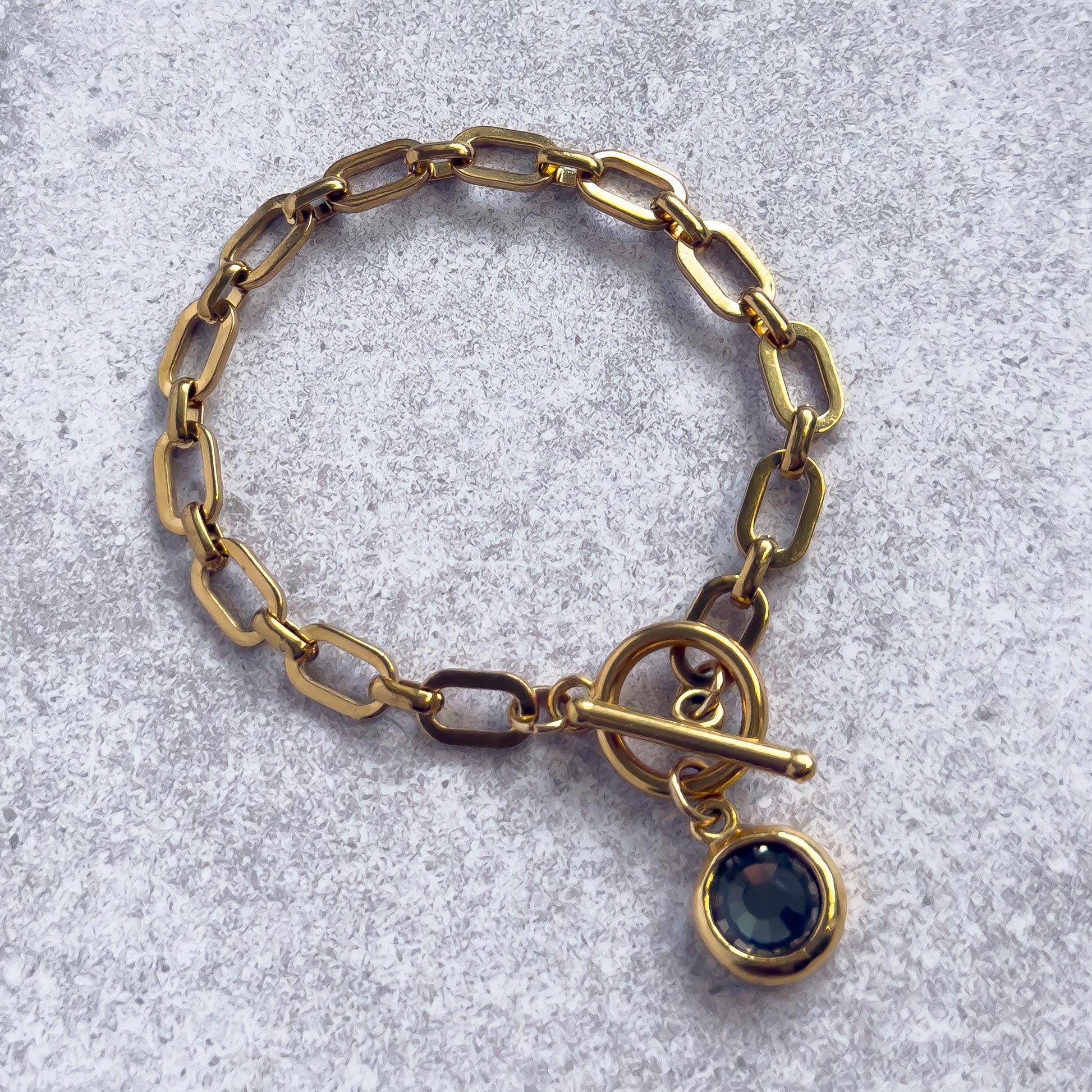 Gold Oval Paperclip Bracelet with Black Swarovski Crystal Charm