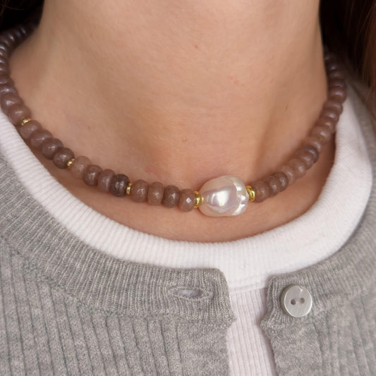 Rose Brown Jade & Baroque Pearl Beaded Choker Necklace