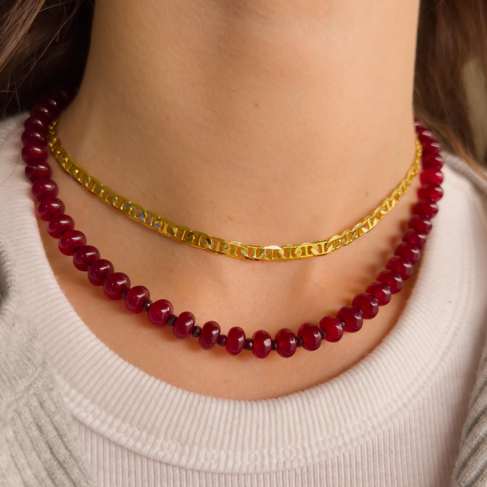 Beaded Red Gemstone Necklace - Chalcedony Quartz, Garnet, Stainless Steel Carabiner Clasp