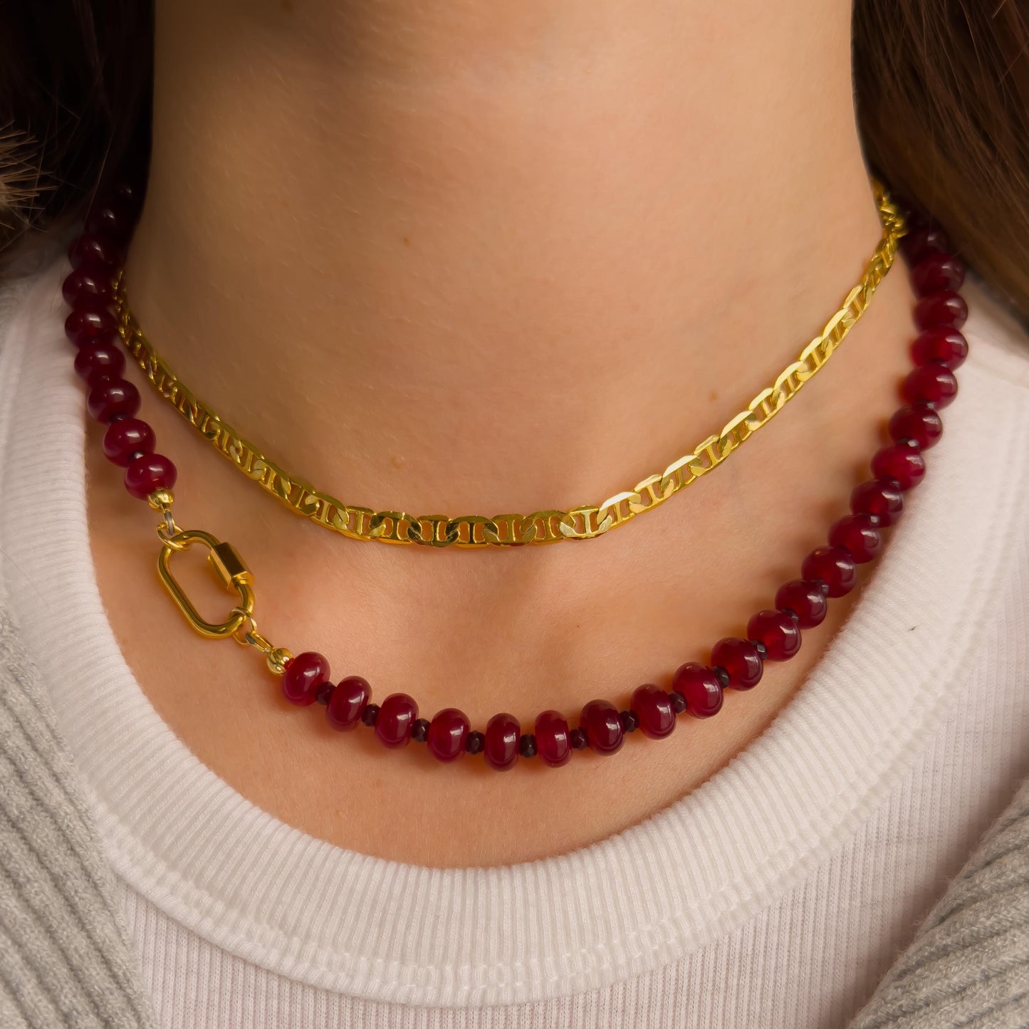 Beaded Red Gemstone Necklace - Chalcedony Quartz, Garnet, Stainless Steel Carabiner Clasp
