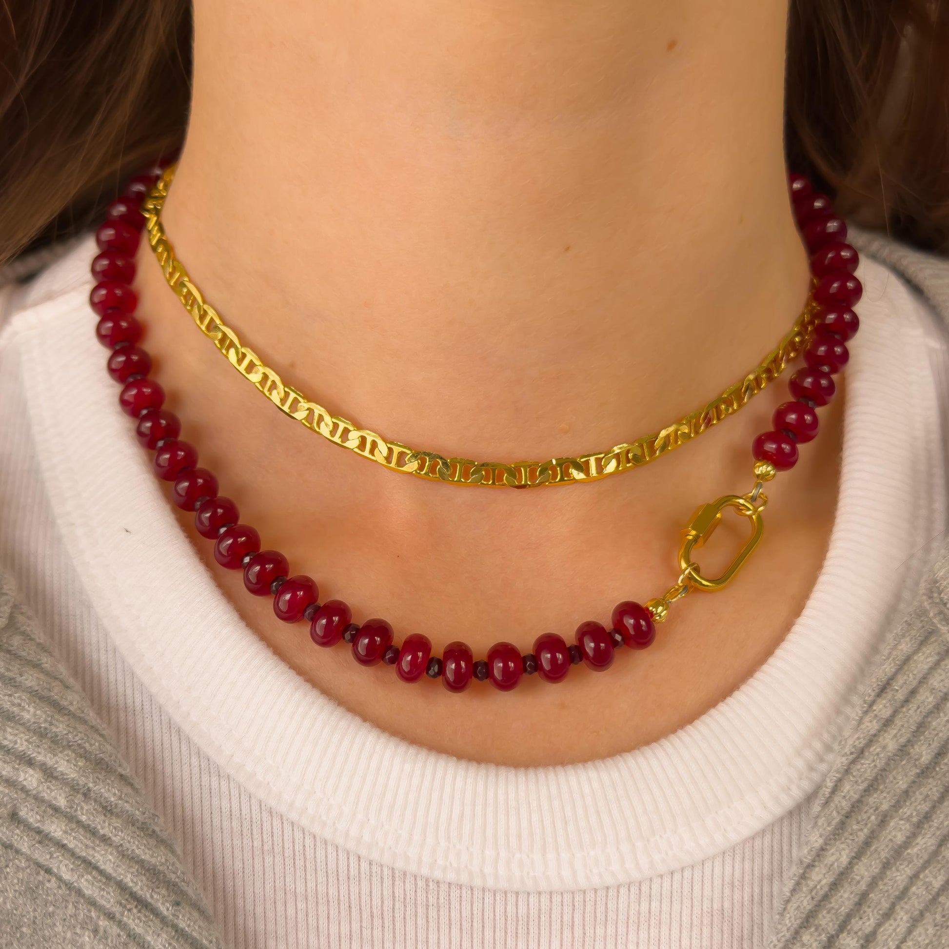 Beaded Red Gemstone Necklace - Chalcedony Quartz, Garnet, Stainless Steel Carabiner Clasp