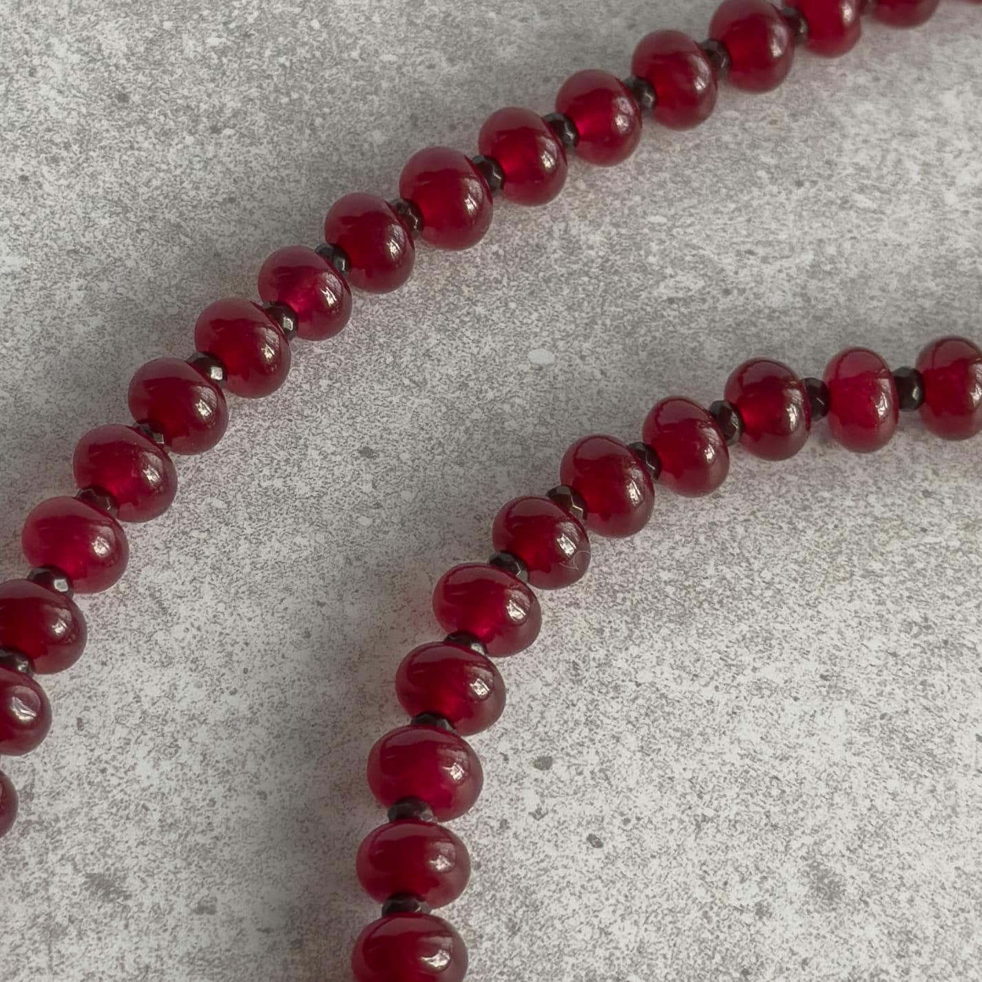 Beaded Red Gemstone Necklace - Chalcedony Quartz, Garnet, Stainless Steel Carabiner Clasp