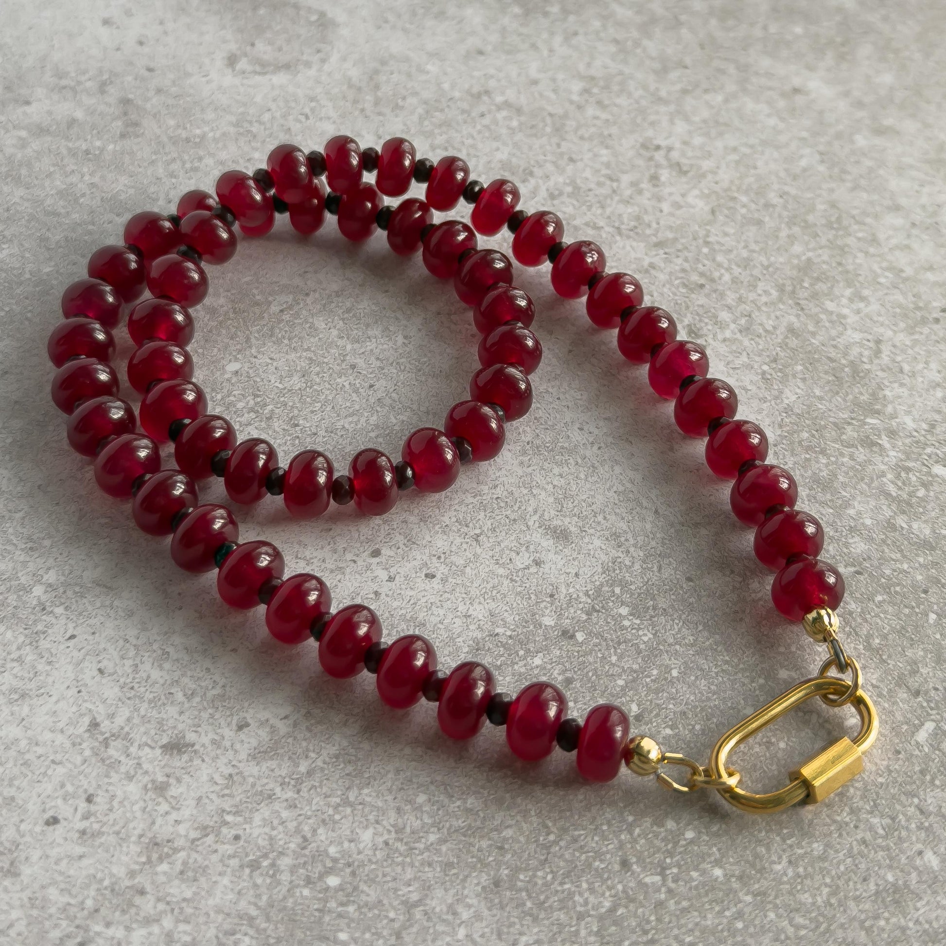 Beaded Red Gemstone Necklace - Chalcedony Quartz, Garnet, Stainless Steel Carabiner Clasp