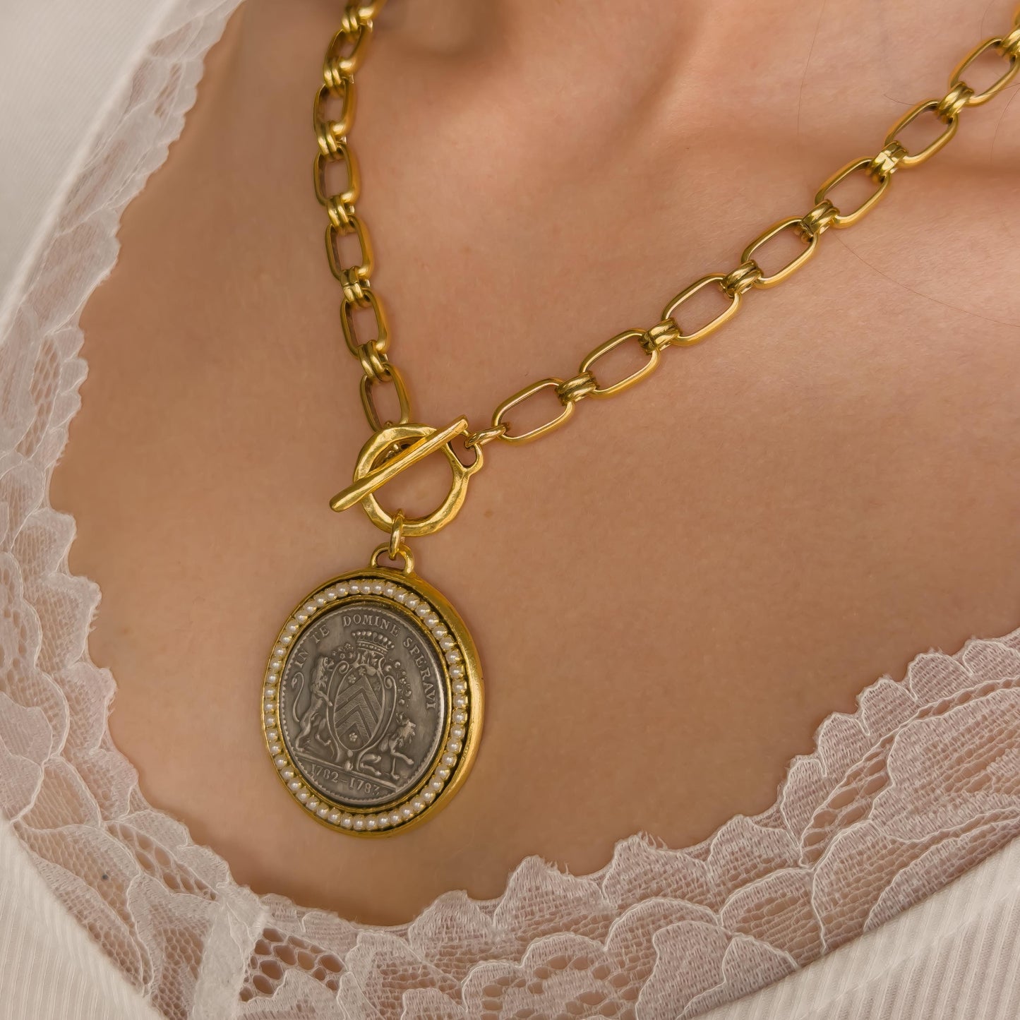Mixed Metal Medallion Necklace - Two-Tone Coin on Antiqued Chunky Chain with Toggle Clasp