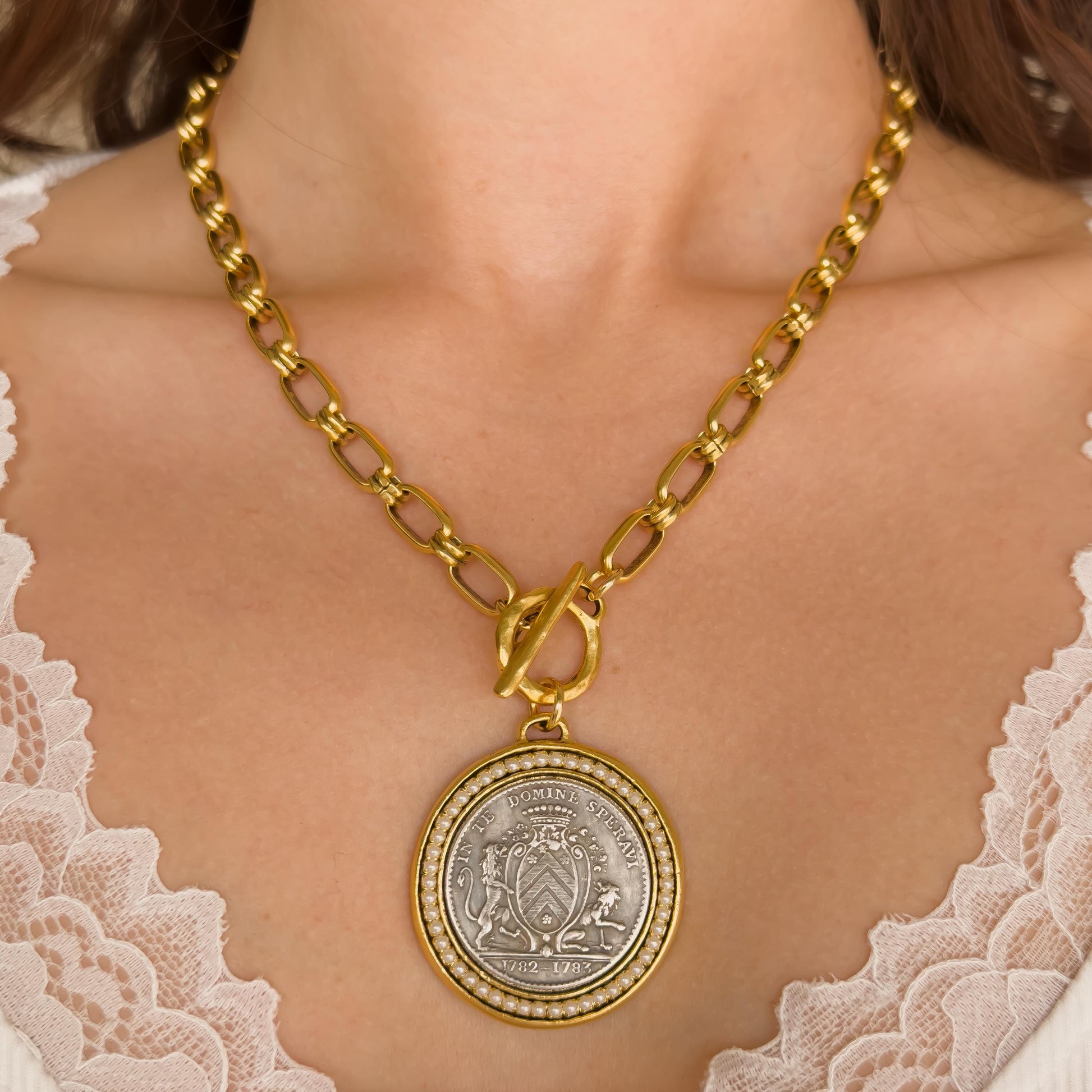 Mixed Metal Medallion Necklace - Two-Tone Coin on Antiqued Chunky Chain with Toggle Clasp