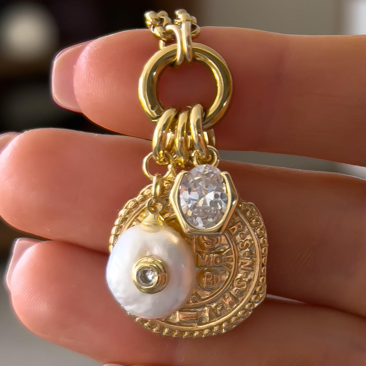 18k Gold Filled Charm Necklace with Baroque Pearl, Antique Coin & CZ Pendant