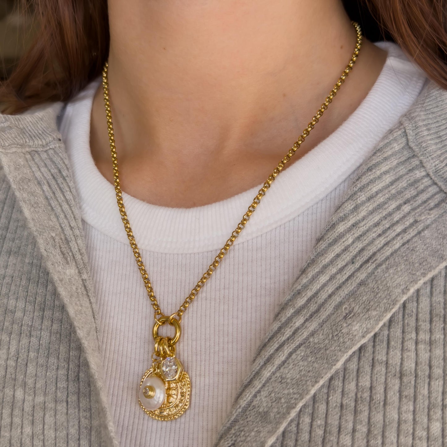 18k Gold Filled Charm Necklace with Baroque Pearl, Antique Coin & CZ Pendant