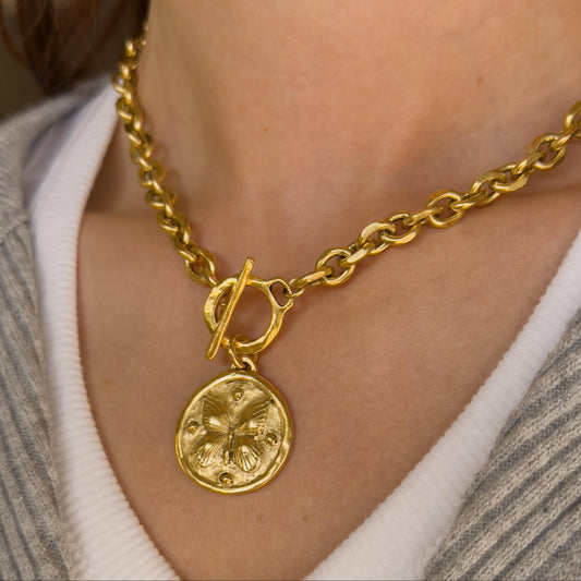Antiqued Gold Butterfly Medallion Necklace - Chunky Hammered Cable Chain