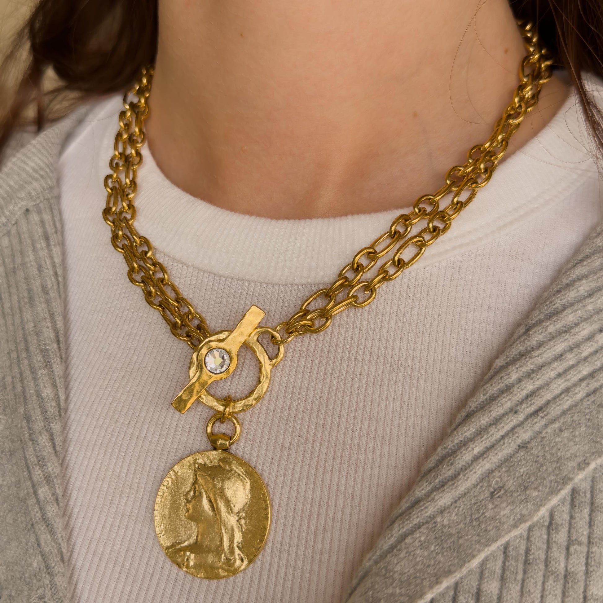 Vintage Style French Coin Necklace - Hammered Cameo Pendant with Toggle Clasp