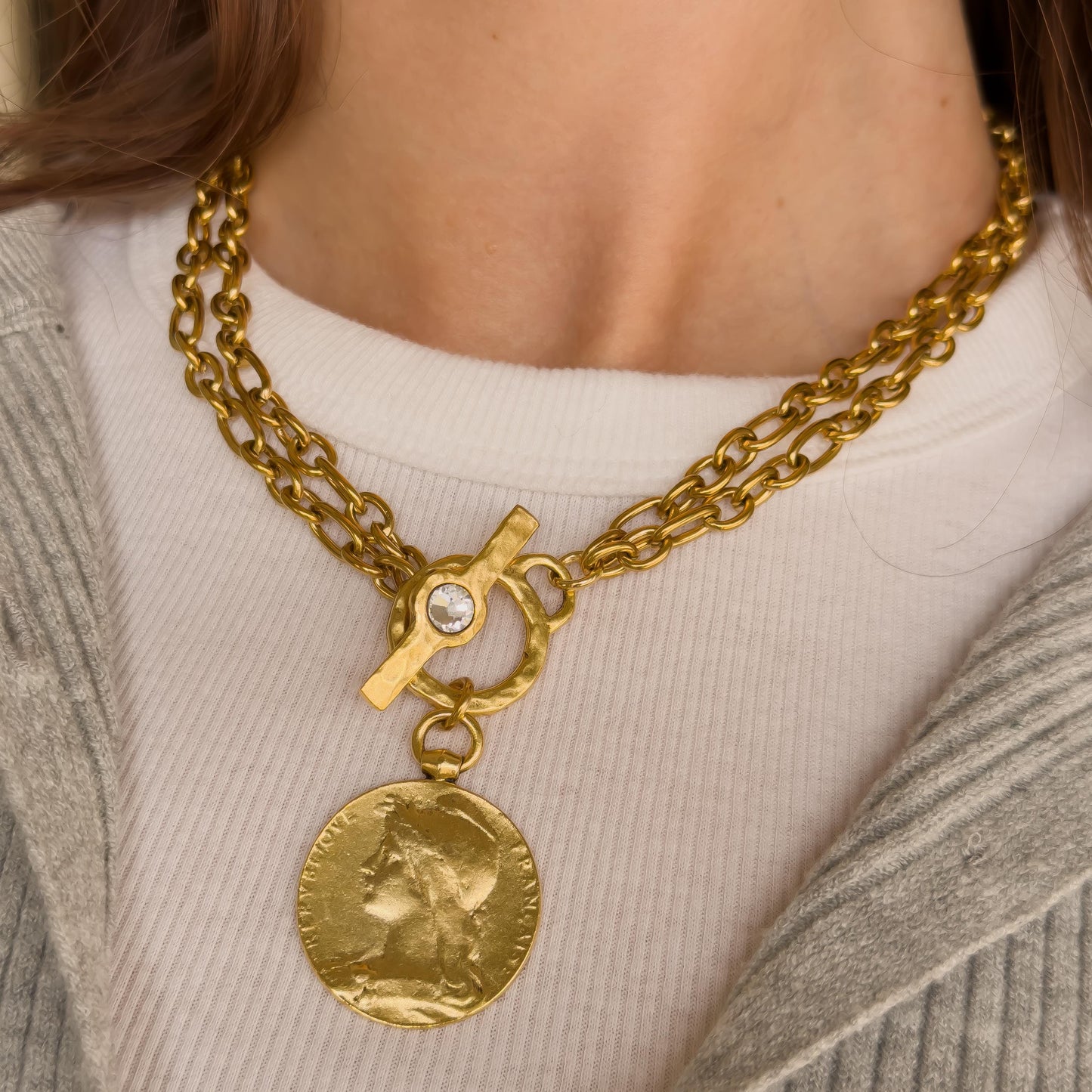 Vintage Style French Coin Necklace - Hammered Cameo Pendant with Toggle Clasp