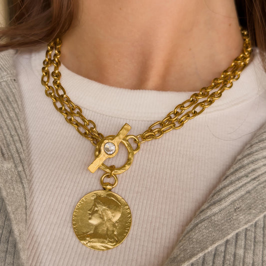 Vintage Style French Coin Necklace - Hammered Cameo Pendant with Toggle Clasp