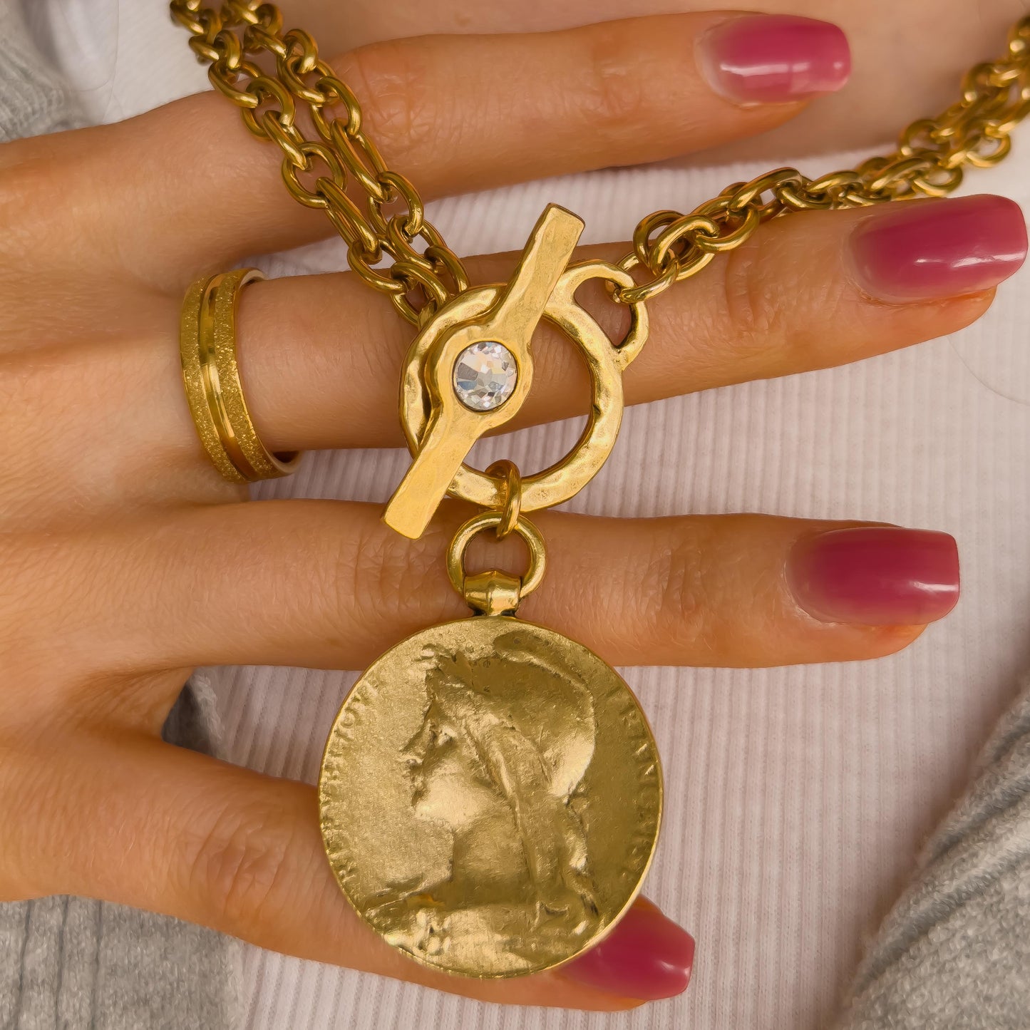 Vintage Style French Coin Necklace - Hammered Cameo Pendant with Toggle Clasp