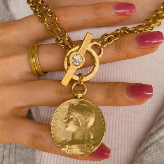 Vintage Style French Coin Necklace - Hammered Cameo Pendant with Toggle Clasp