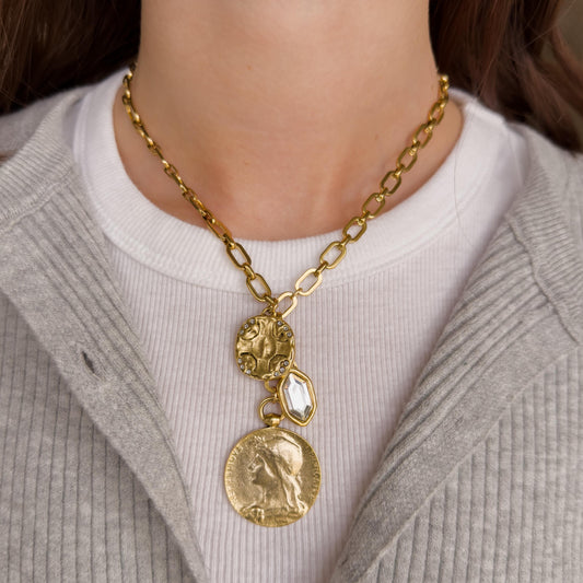 Antiqued Gold Lariat Necklace with Medallion, Coin & Swarovski Charms on Paperclip Chain