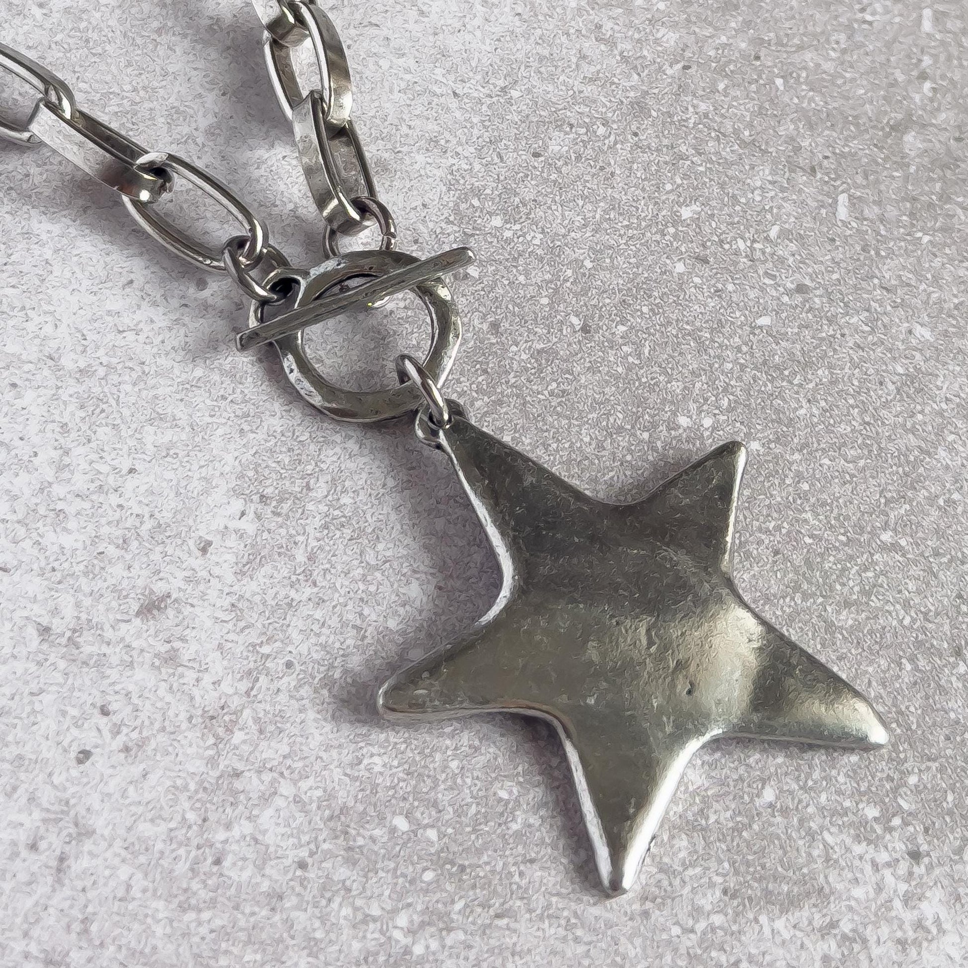 Silver Hammered Star Pendant Necklace with Toggle Clasp and Antiqued Chain