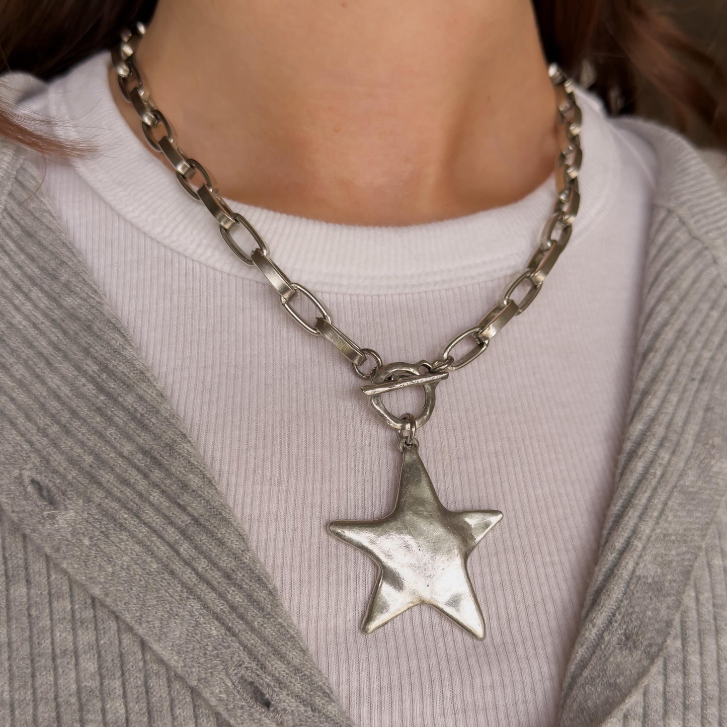 Silver Hammered Star Pendant Necklace with Toggle Clasp and Antiqued Chain